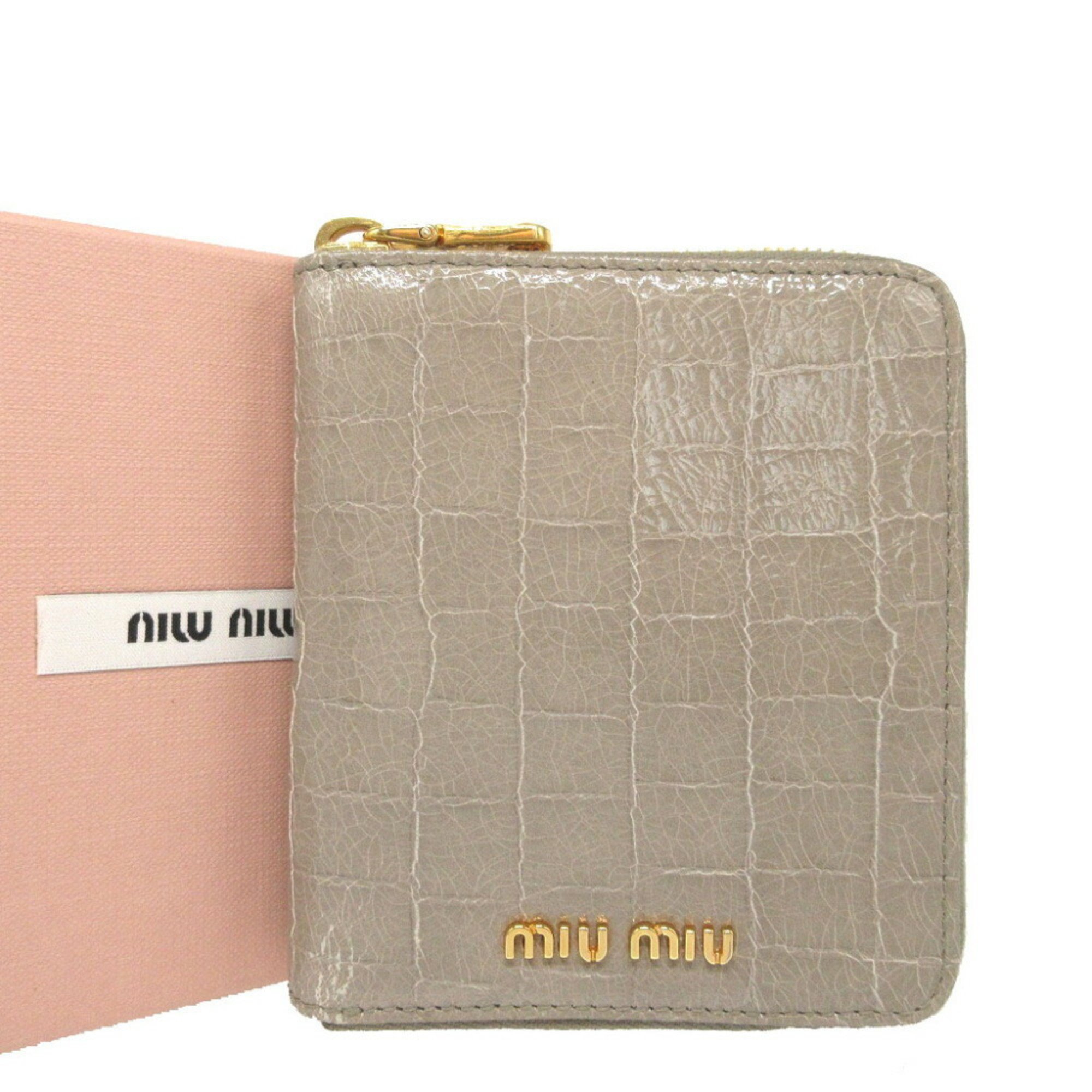 Miu Compact Wallet Embossed Patent Leather Grey Round 0091MIU MIU