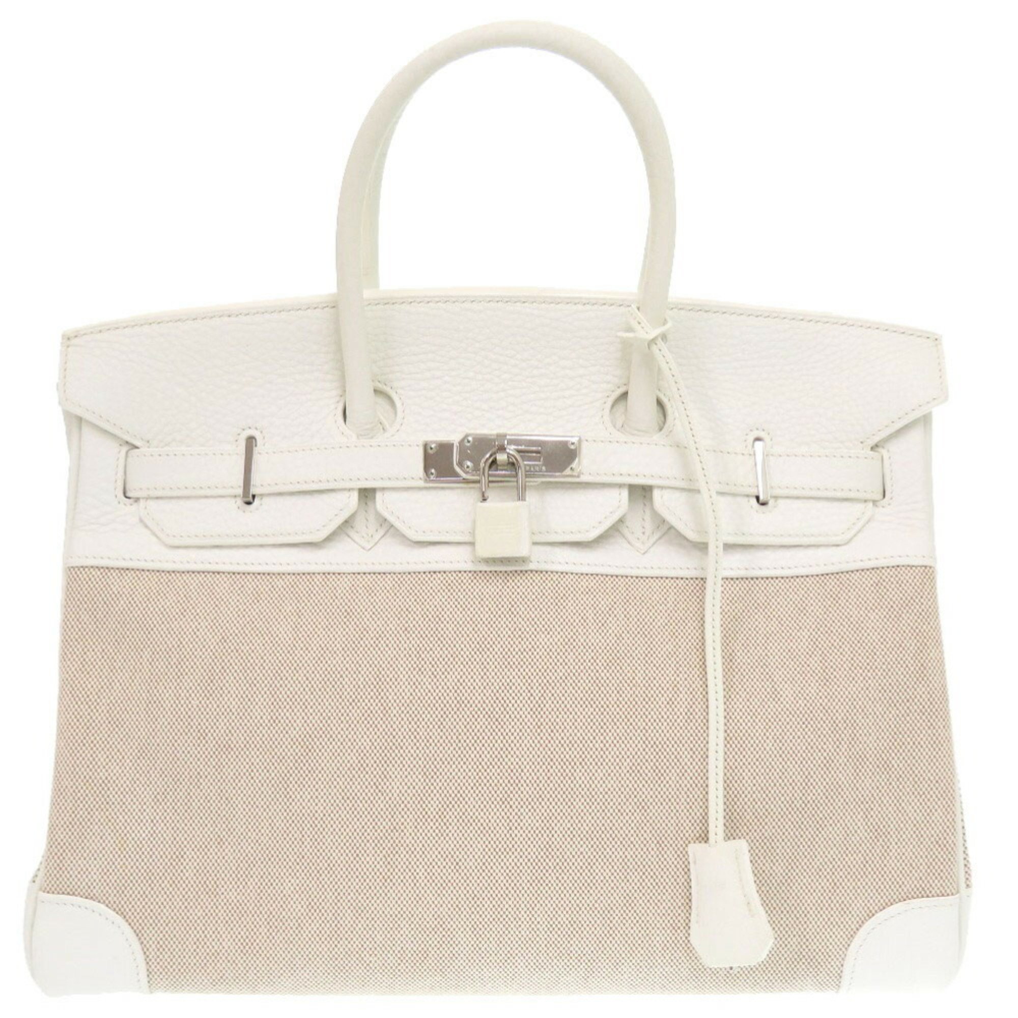 Hermes Birkin 35 Toile H Taurillon Clemence White J Stamp Handbag 1611 HERMES