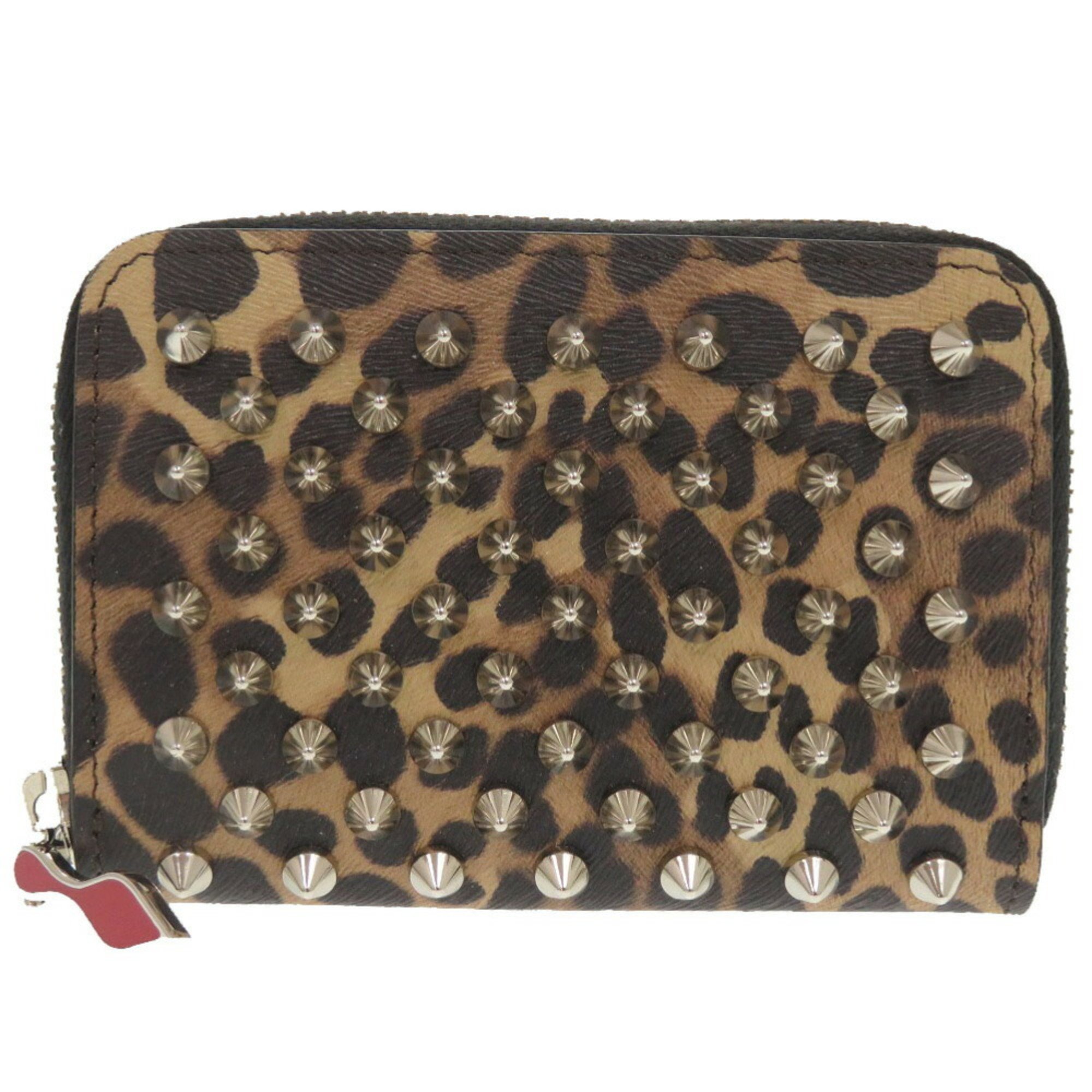 Christian Louboutin Studded Leather Leopard Coin Case Wallet 0876