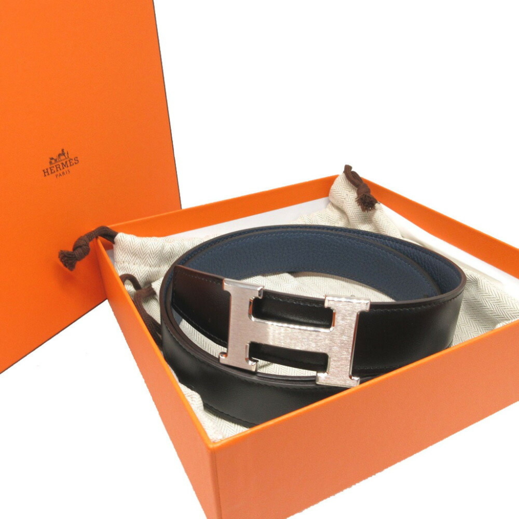 Hermes Constance H Buckle U Stamp 90 Taurillon Clemence Box Calf Black Navy Belt 1589HERMES