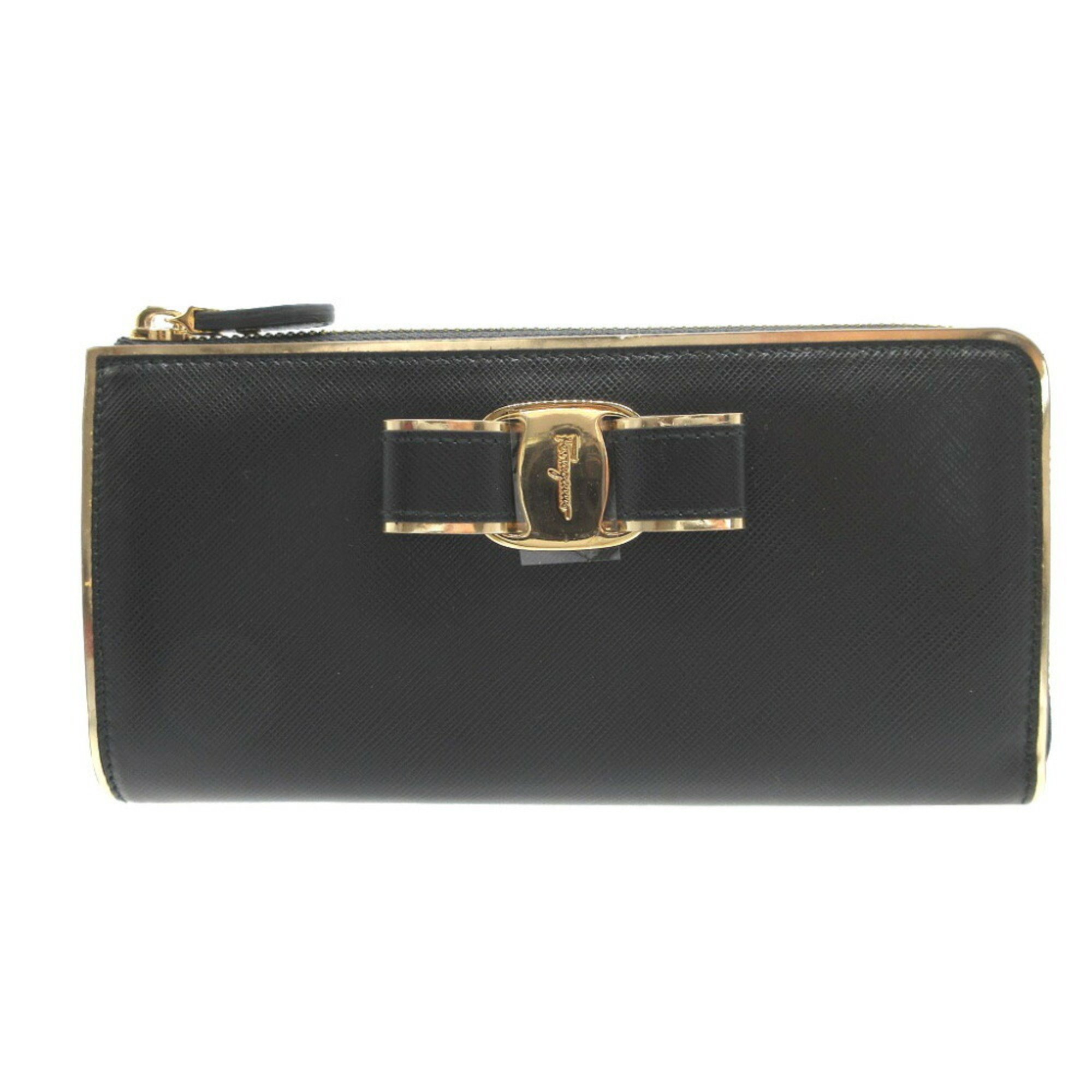 Salvatore Ferragamo Vara Ribbon JL 22C248 Leather Black L-shaped Long Wallet 1321Salvatore