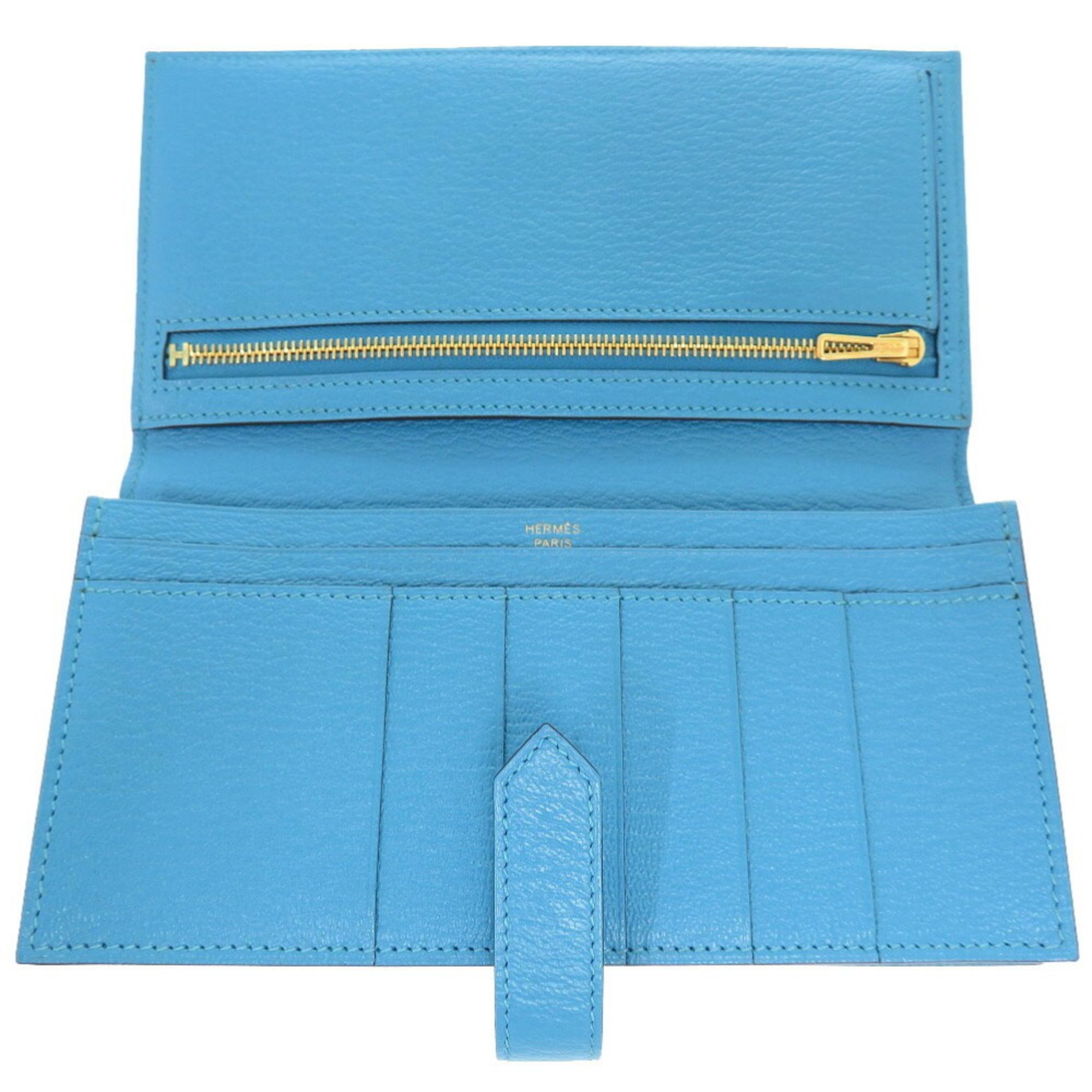 Hermes Bearn Soufflet Chevre Blue Aztec R Stamped Long Wallet 0412 HERMES