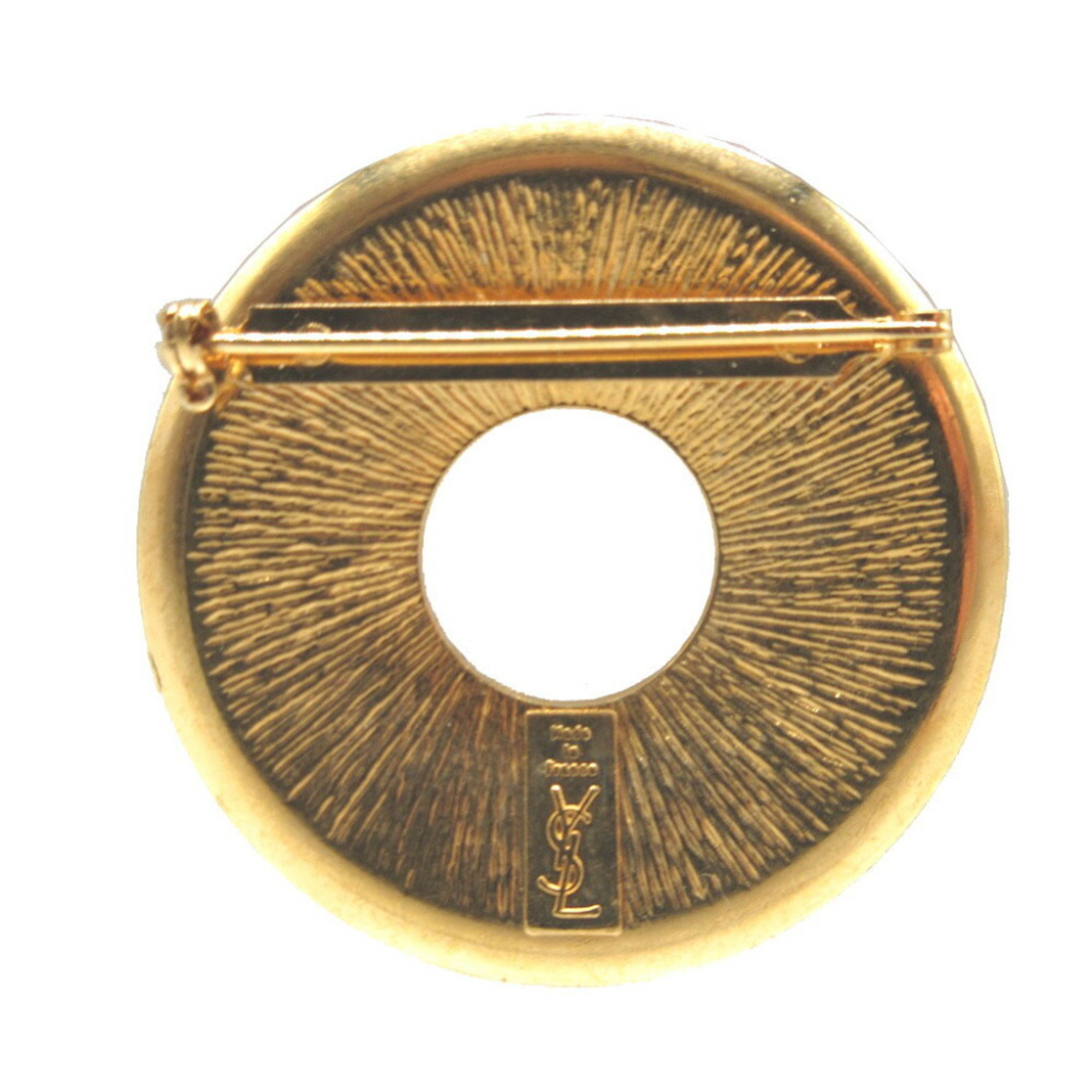 Yves Saint Laurent Round Metal Red Black Gold Brooch 0970Yves