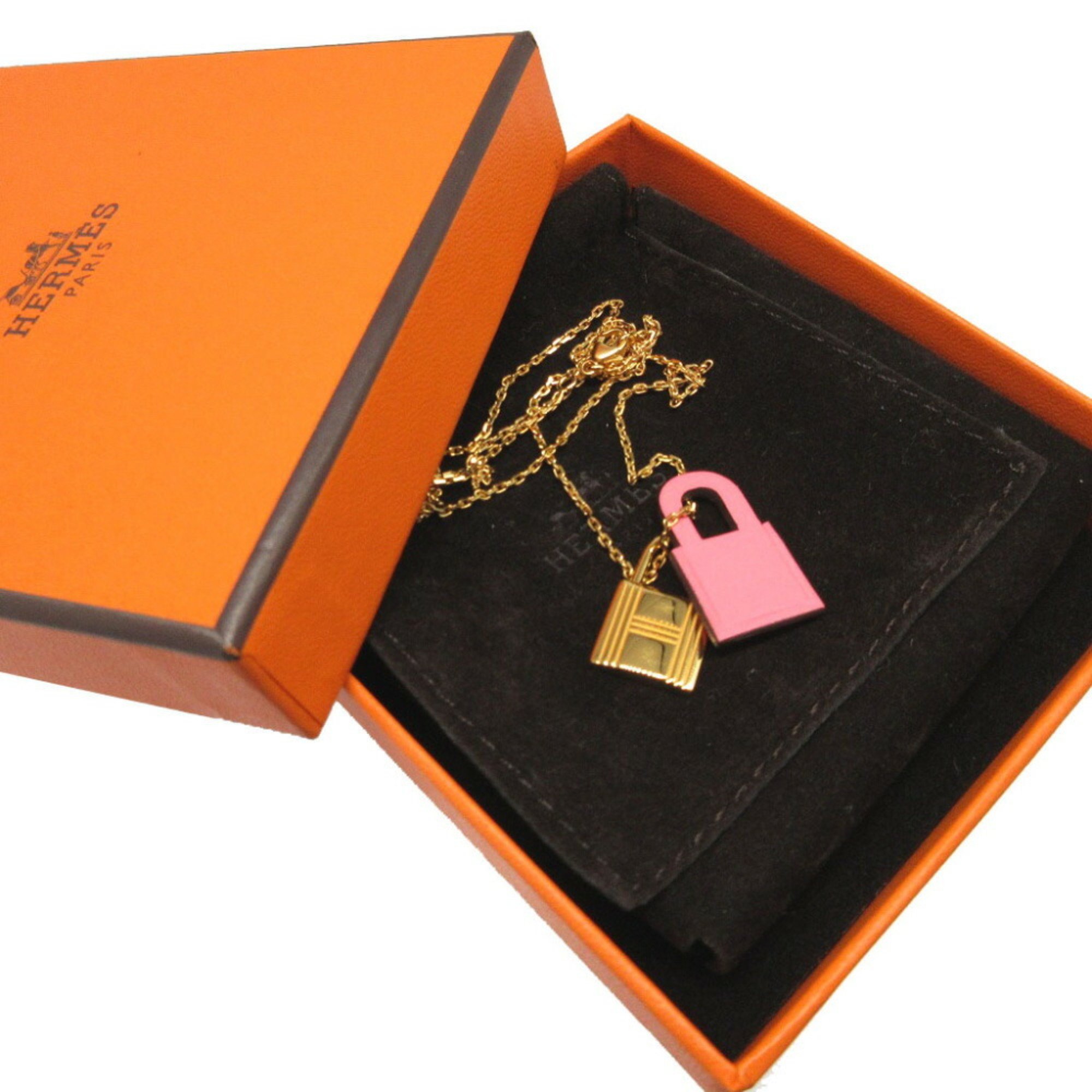 Hermes O'Kelly PM Veau Swift D Stamp Rose Azalee Gold Necklace 0524HERMES