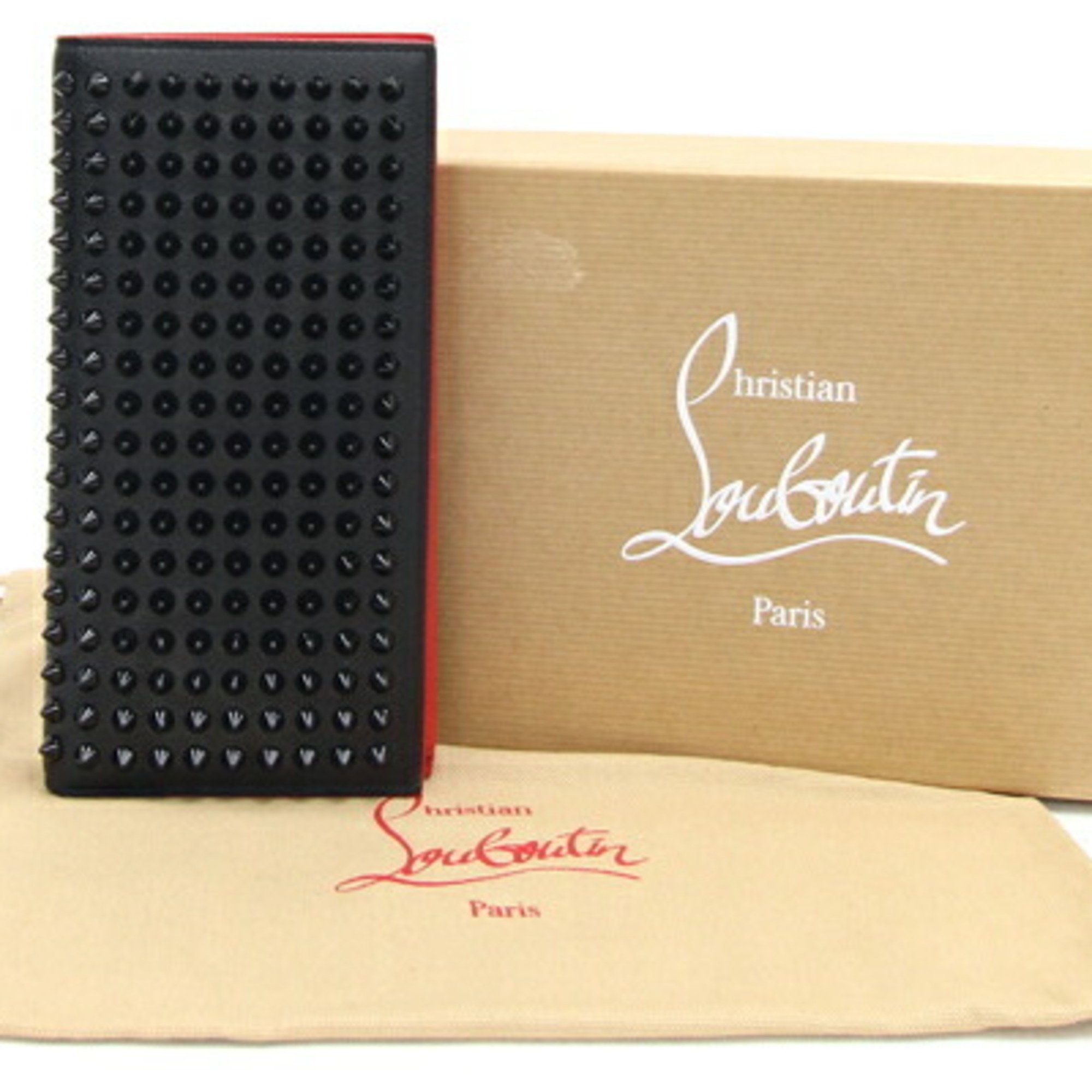 Christian Louboutin Louboutin Bi-fold Long Wallet Naxos 3165049 Black Red Leather Spike Studs Women Men Christian