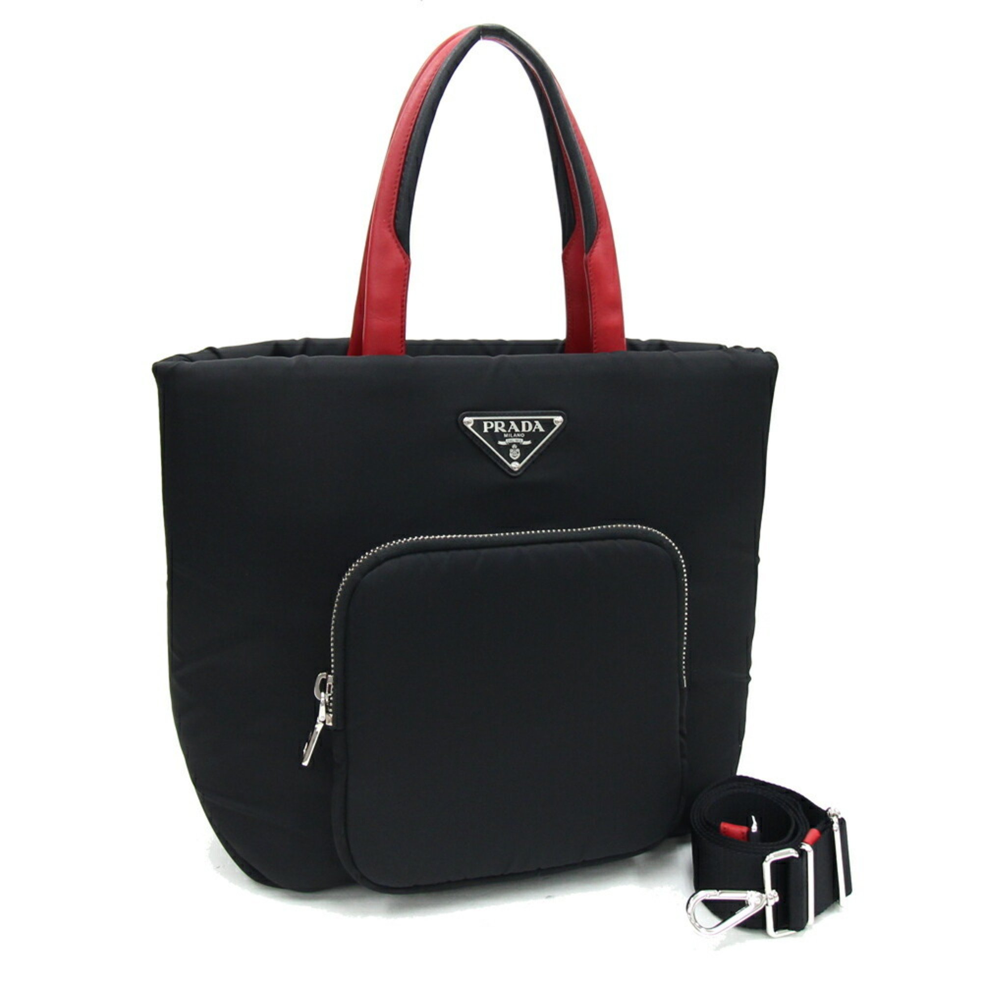 Prada Handbag 1BG273 Black Red Nylon Leather Tote Bag Shoulder Triangle Women's PRADA