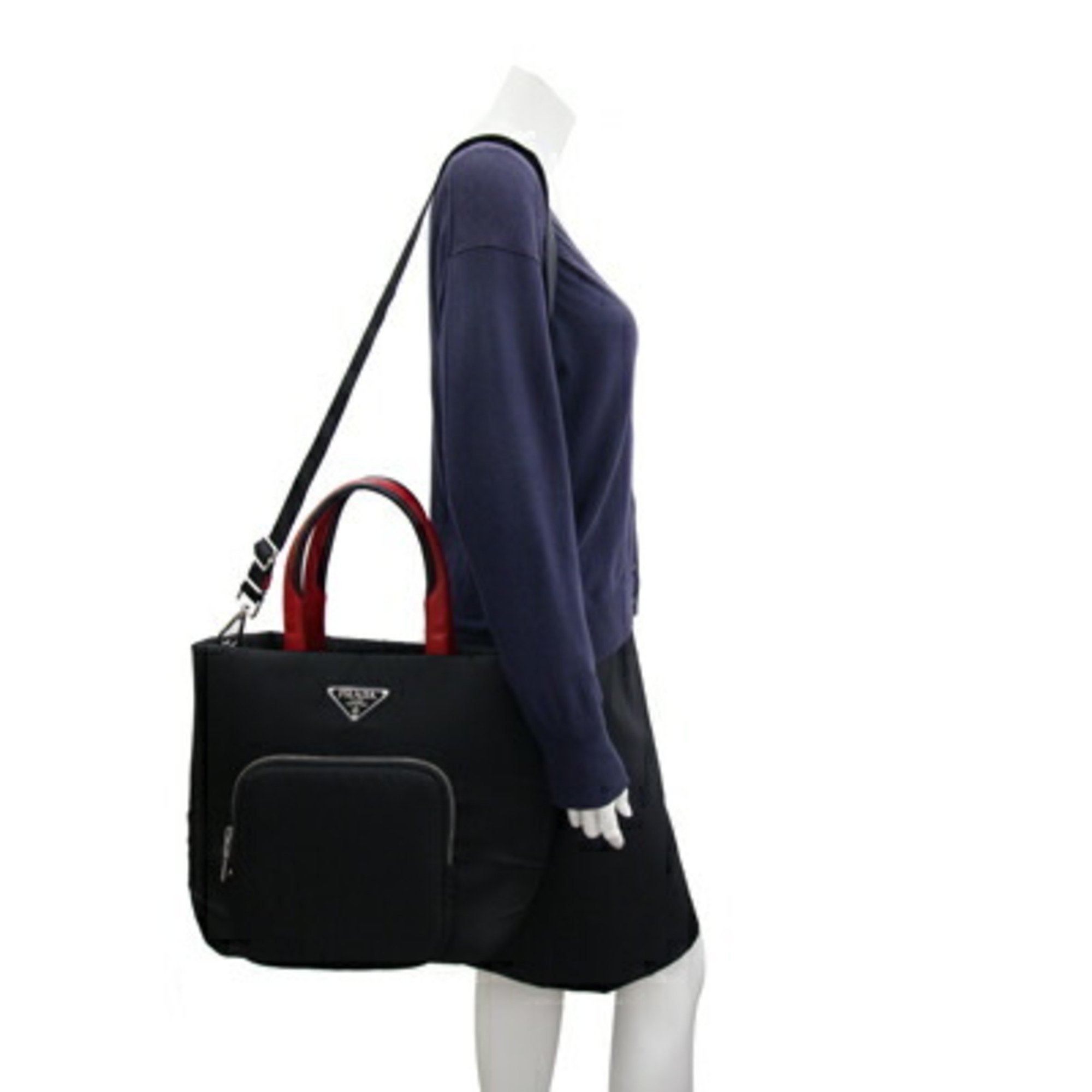 Prada Handbag 1BG273 Black Red Nylon Leather Tote Bag Shoulder Triangle Women's PRADA