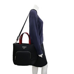 Prada Handbag 1BG273 Black Red Nylon Leather Tote Bag Shoulder Triangle Women's PRADA