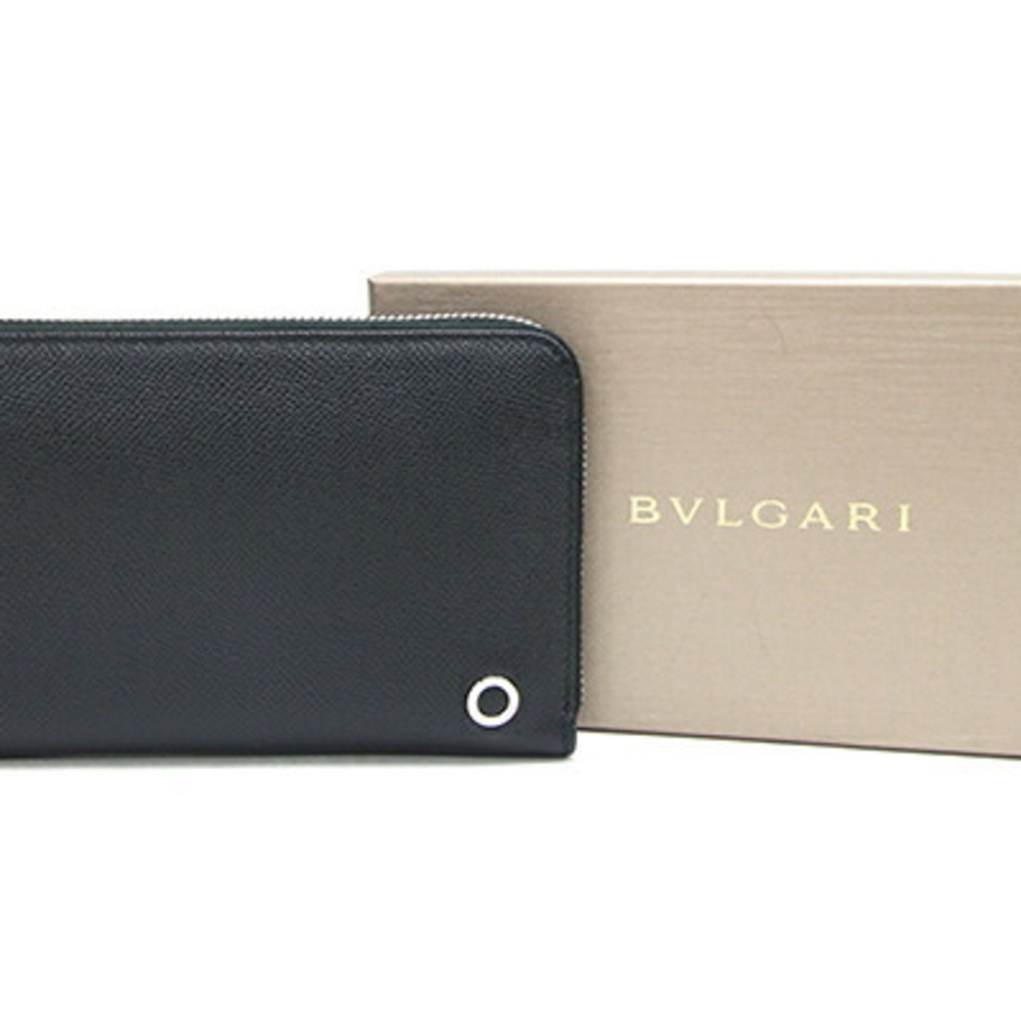 BVLGARI Round Long Wallet Man 284230 Black Blue Leather Men's