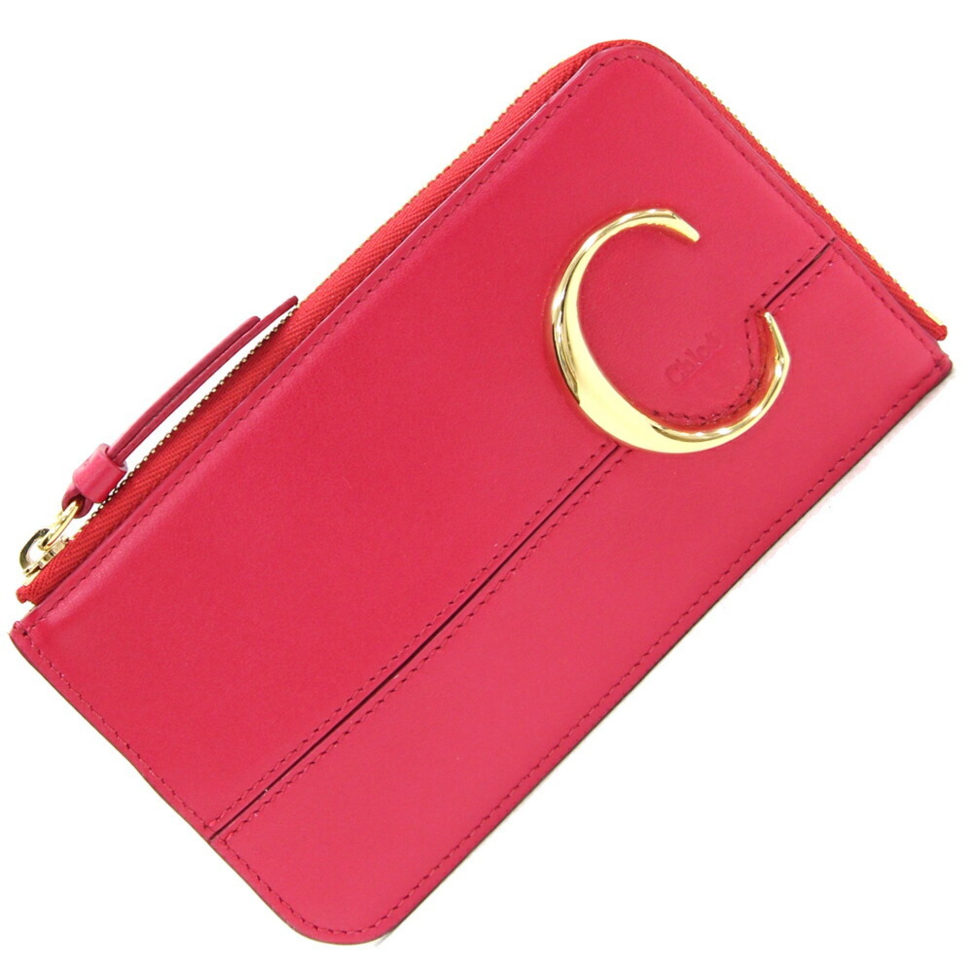 Chloé Chloe Coin Case CHC19WP089A Pink Leather L-shaped Purse Key Red Women's