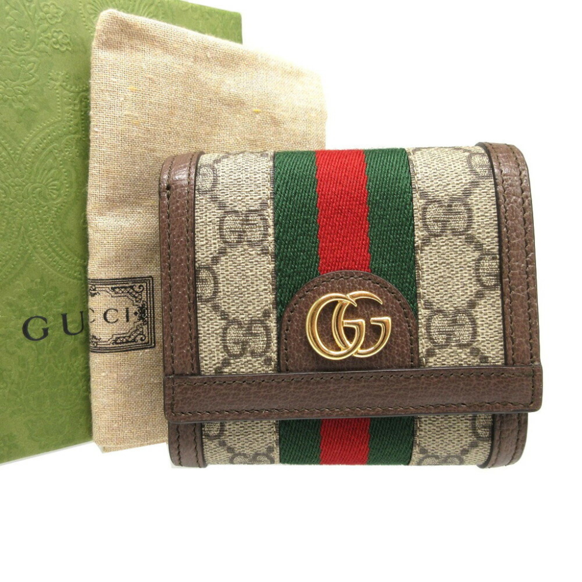 Gucci Shelly Ophidia 598662 GG Supreme Leather Beige Brown Bi-fold Wallet 0339 GUCCI