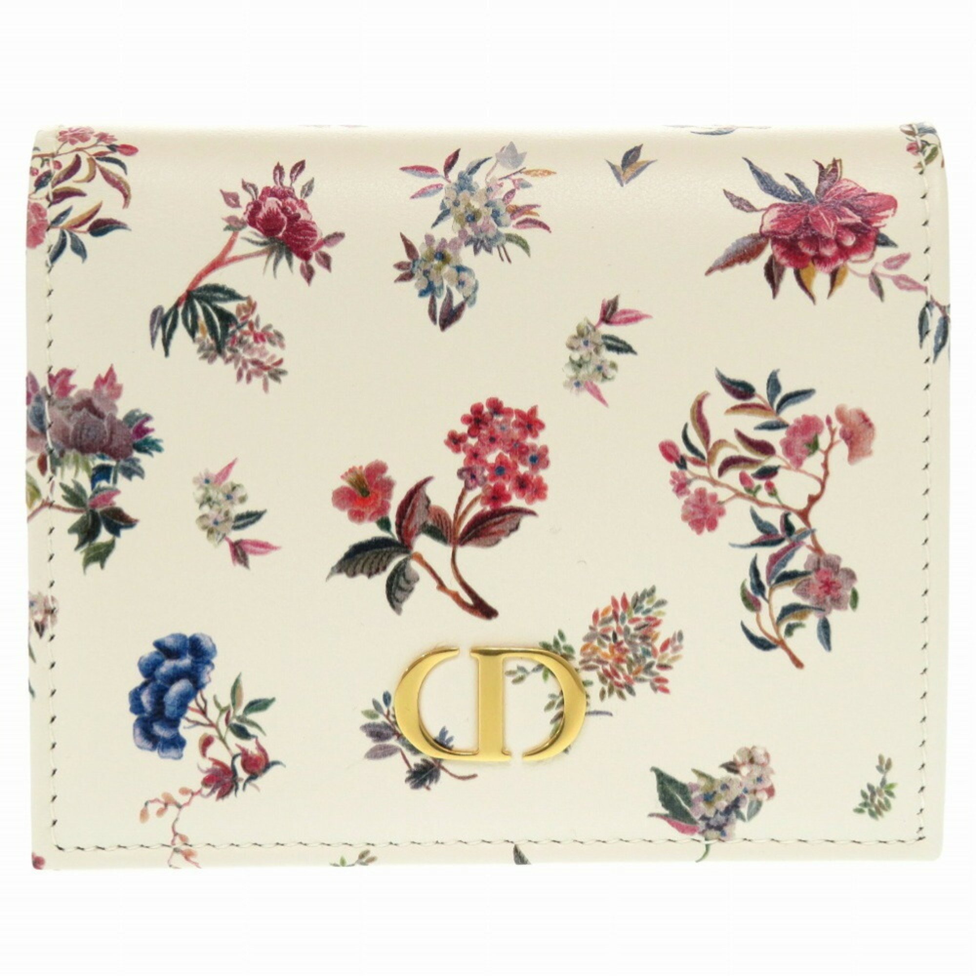 Christian Dior CARO Flower Print Leather Ivory Bi-fold Wallet 1111