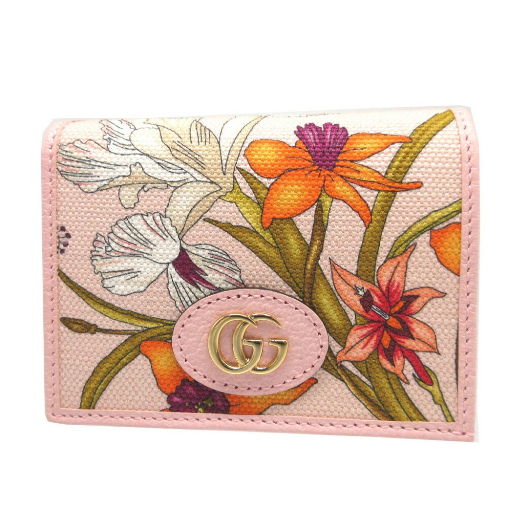 Gucci Flora 577347 Compact Wallet Canvas Leather Pink Bi-fold 0341GUCCI