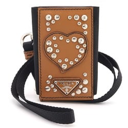 Prada Phone Holder 1N1268 Brown Black Leather Smartphone Case Neck Strap Heart Studs Women's PRADA