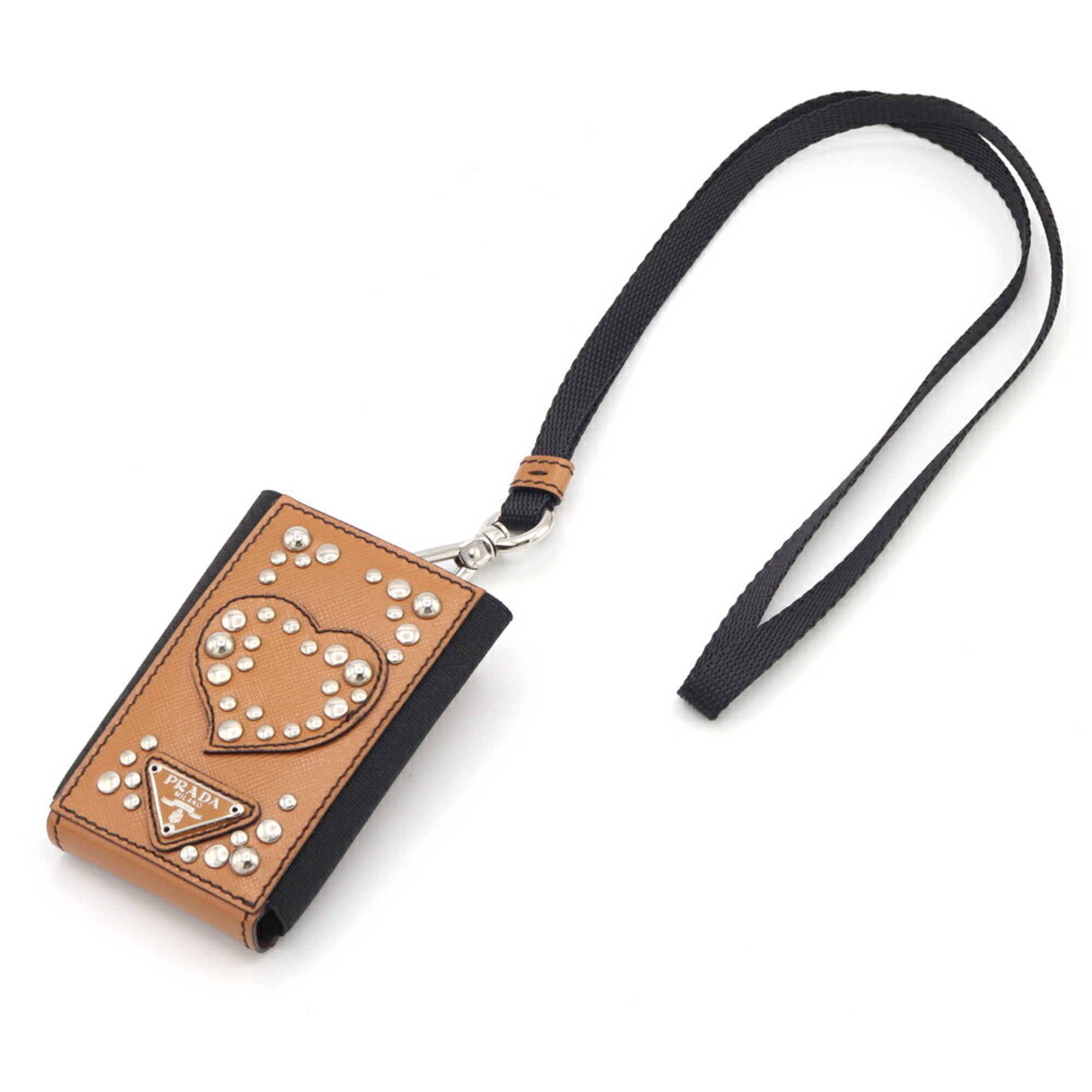 Prada Phone Holder 1N1268 Brown Black Leather Smartphone Case Neck Strap Heart Studs Women's PRADA