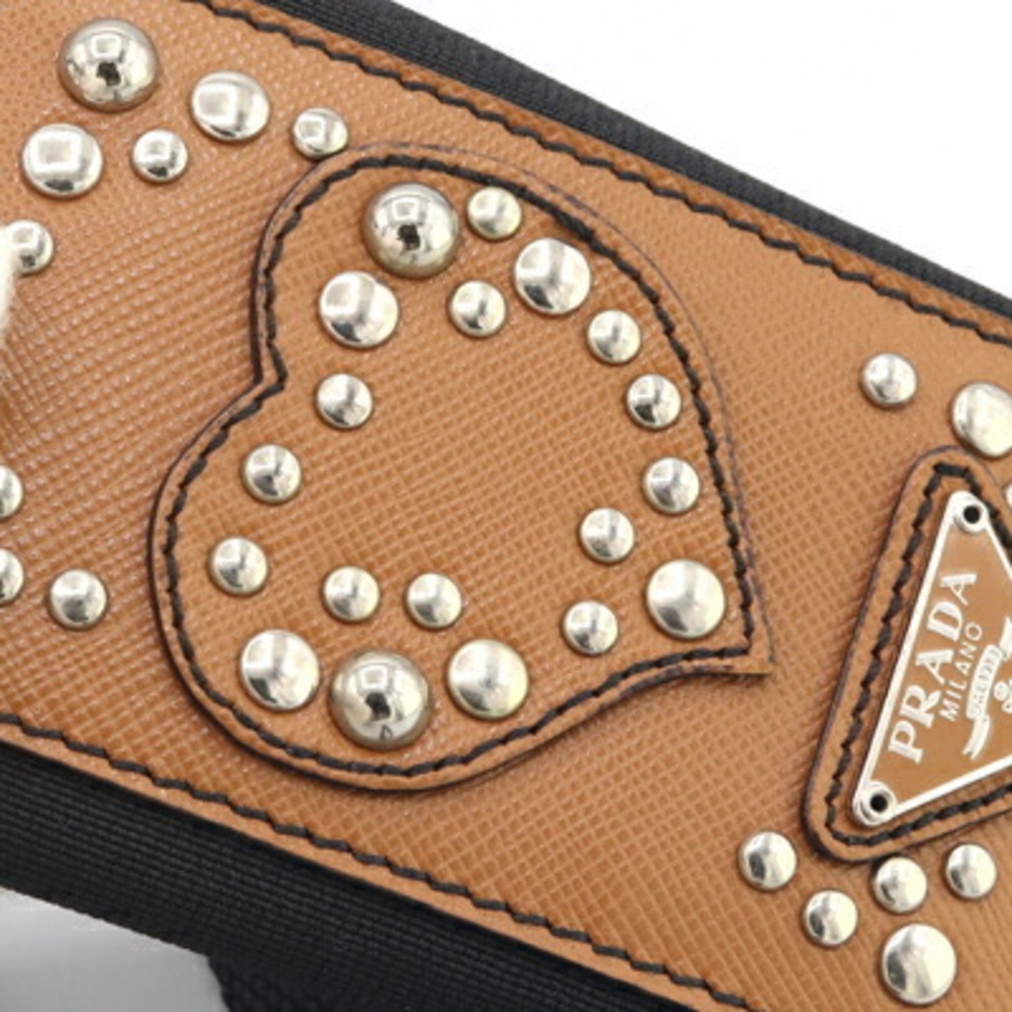 Prada Phone Holder 1N1268 Brown Black Leather Smartphone Case Neck Strap Heart Studs Women's PRADA