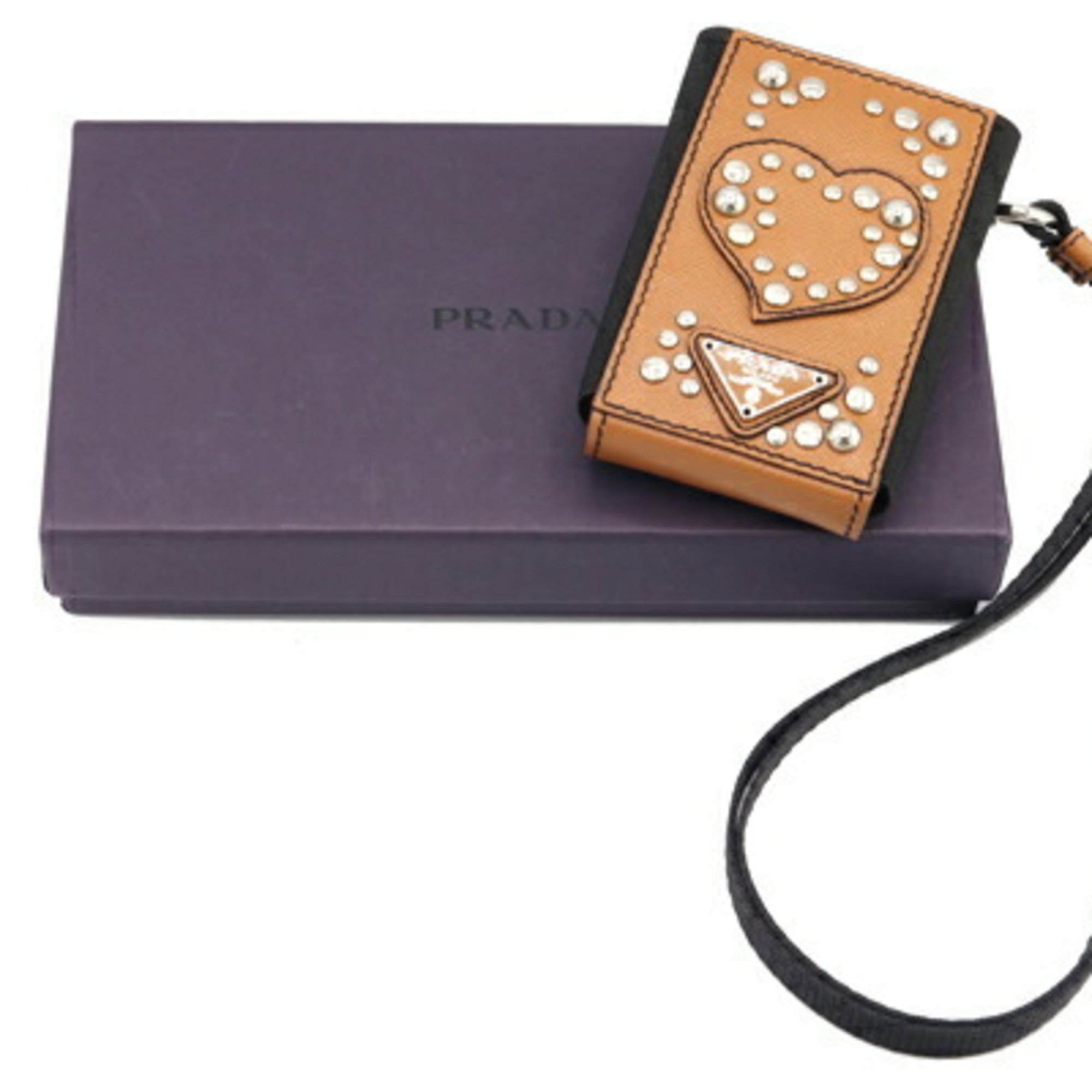 Prada Phone Holder 1N1268 Brown Black Leather Smartphone Case Neck Strap Heart Studs Women's PRADA