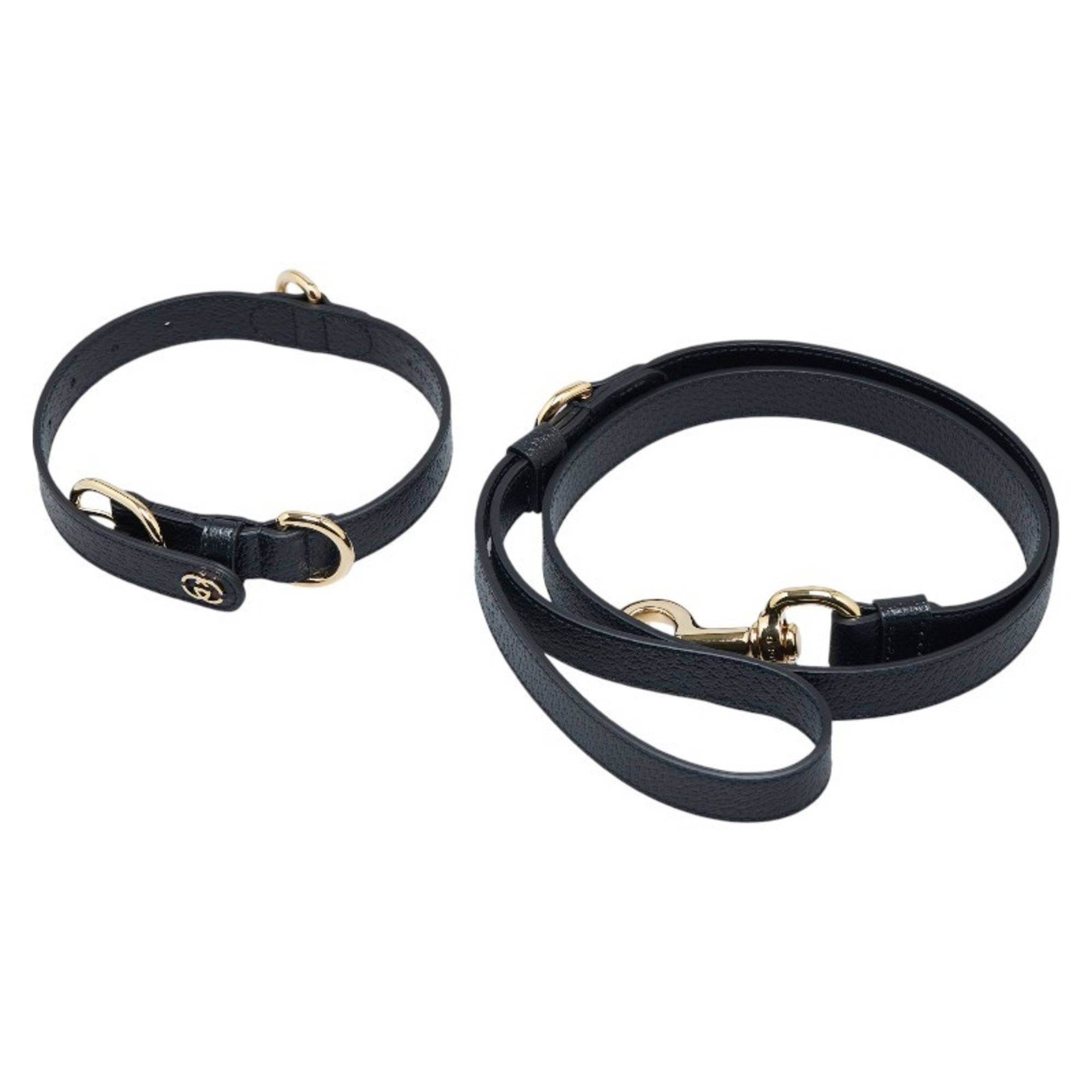 Gucci Interlocking G Small Medium Pet Lead Collar 2-Piece Set 692949/692943 Black Gold Leather Women's GUCCI