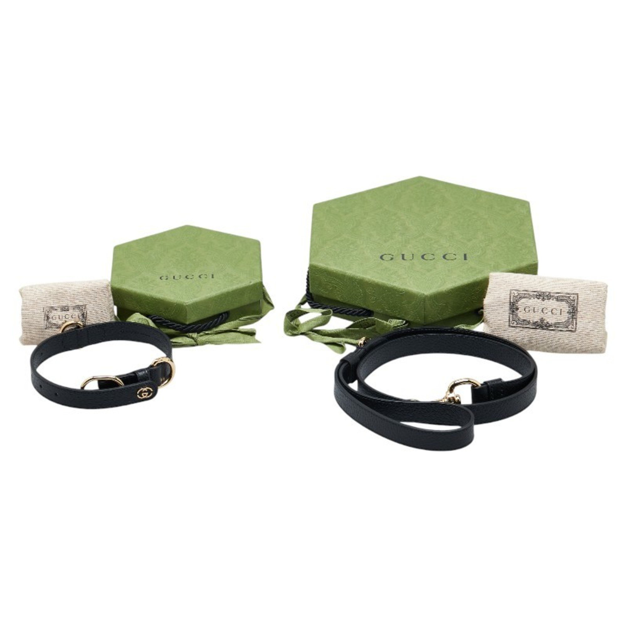 Gucci Interlocking G Small Medium Pet Lead Collar 2-Piece Set 692949/692943 Black Gold Leather Women's GUCCI