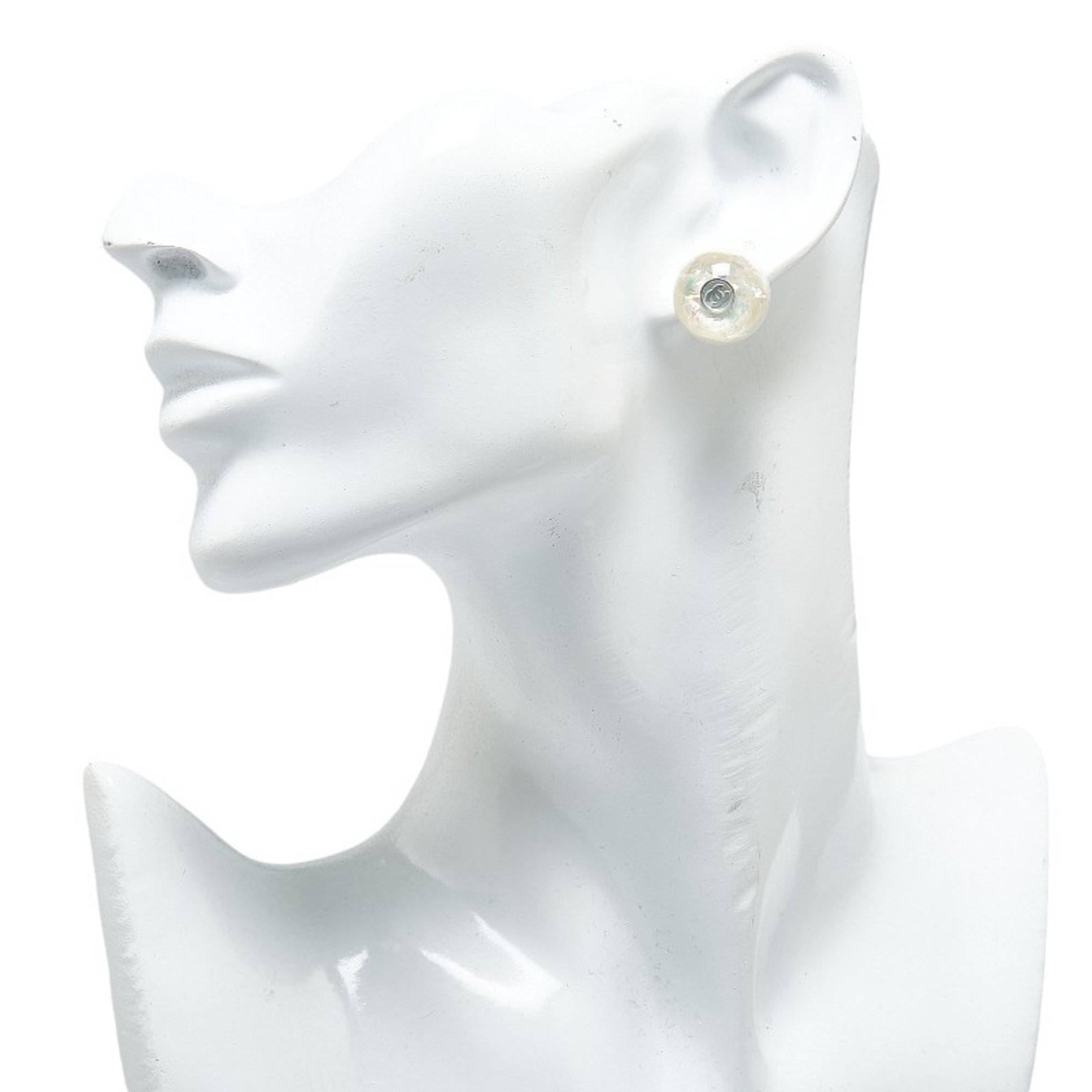 Chanel Coco Mark Earrings Silver White Plastic Metal Women's CHANEL