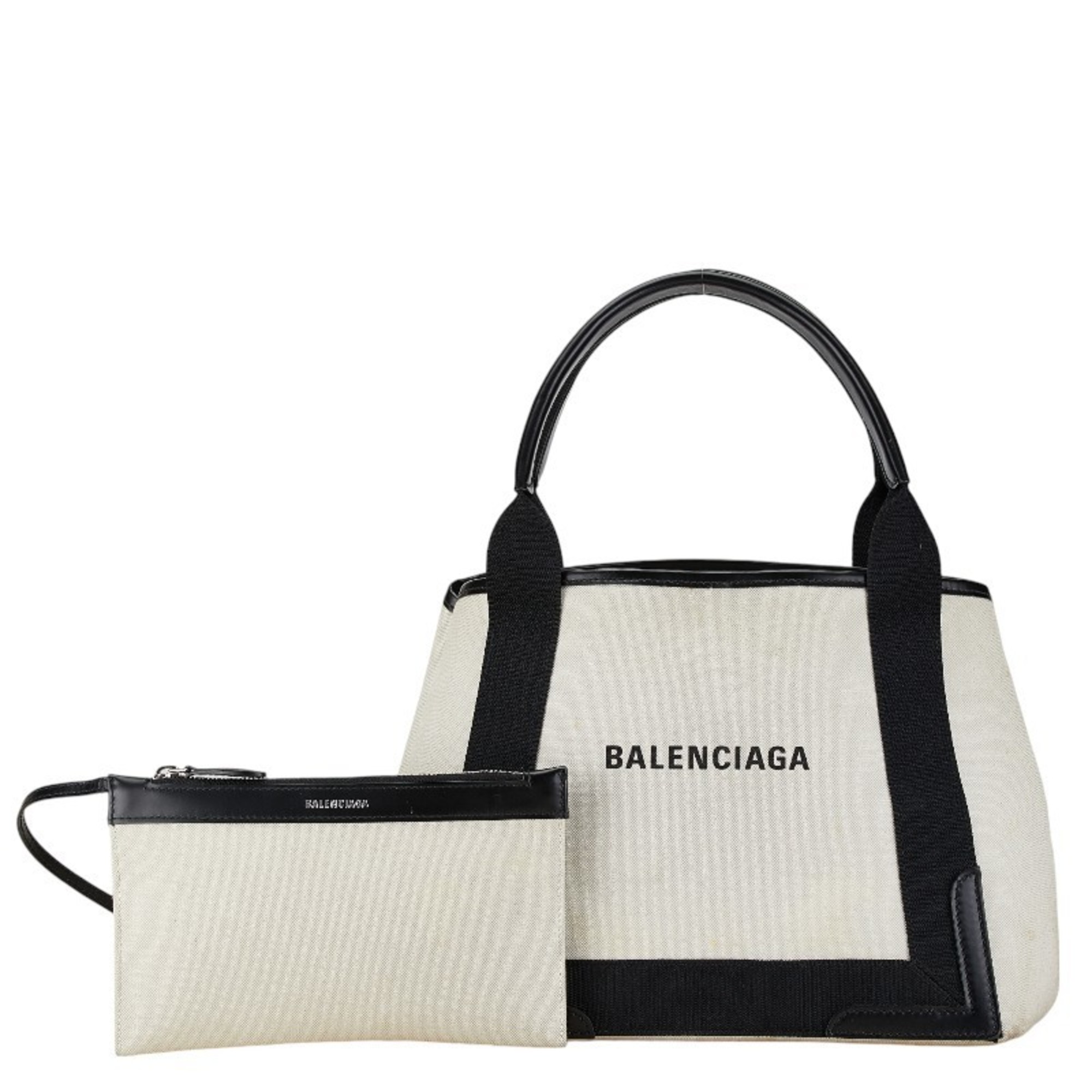 Balenciaga Navy Cabas S Handbag Tote Bag Off-White Black Canvas Leather Women's BALENCIAGA