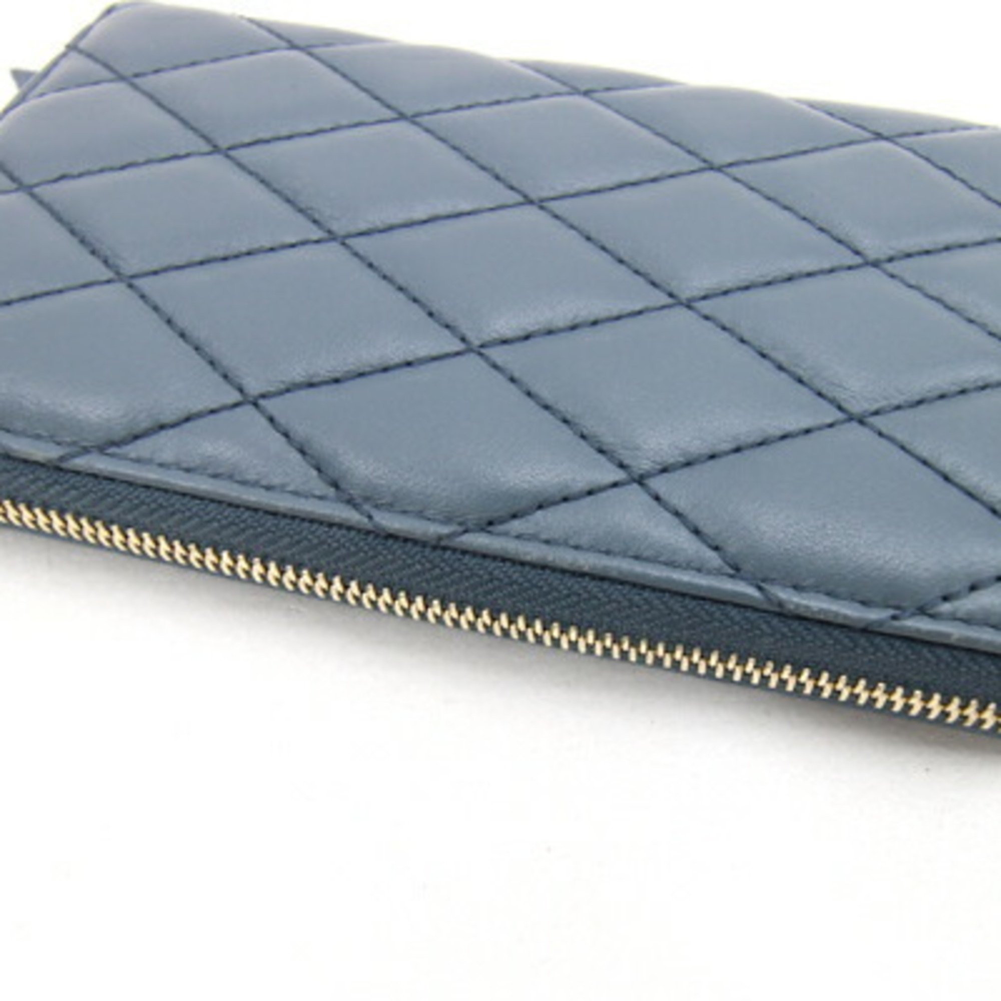 BALLY Round Long Wallet Blue Gray Leather Quilted Women's