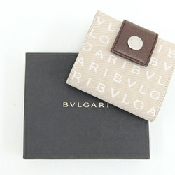 BVLGARI Bi-fold Wallet Mania Beige Brown Canvas Leather Compact Bicolor Women's