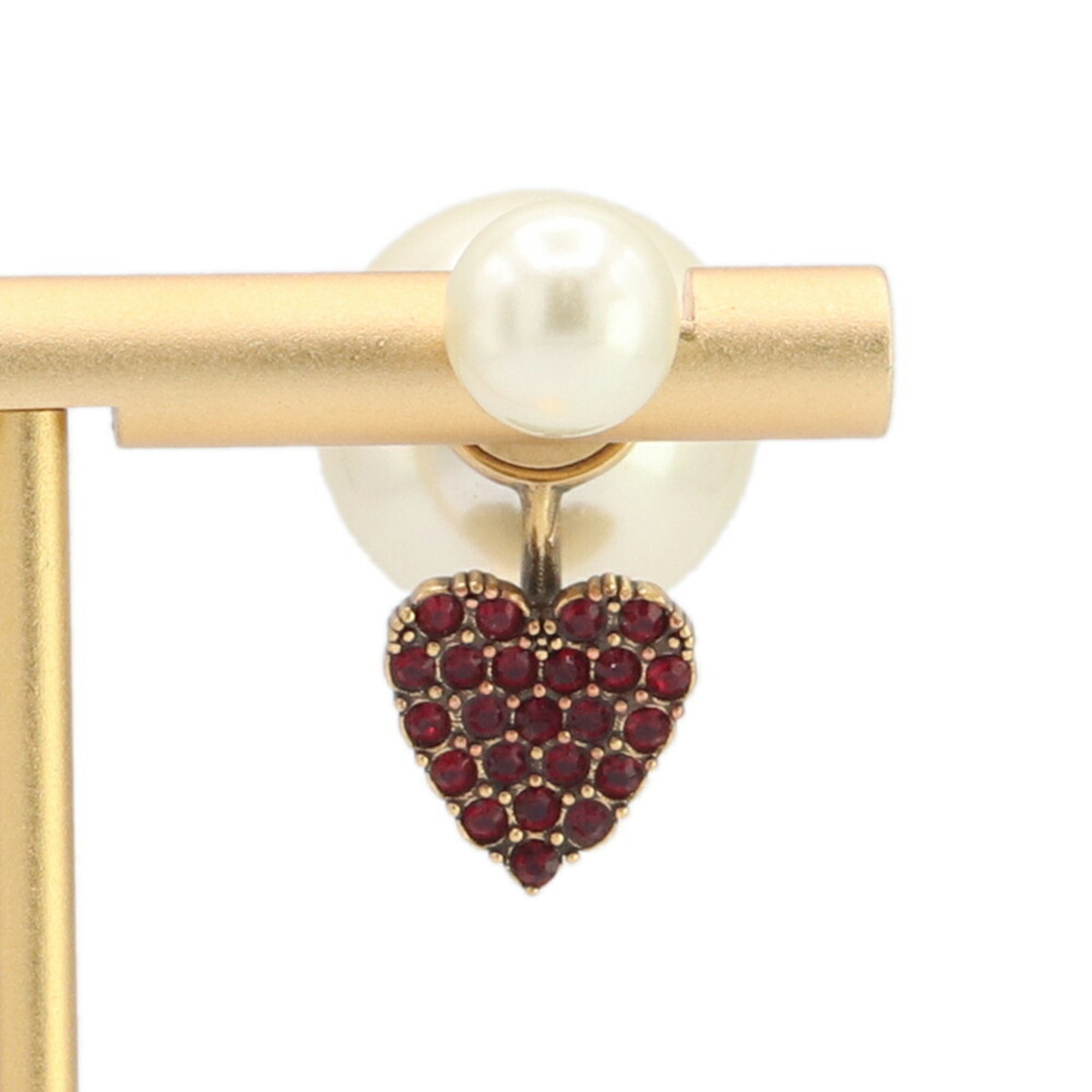 Christian Dior Dior Single Earring Tribal Heart White Red Metal Faux Pearl Rhinestone Women's Christian