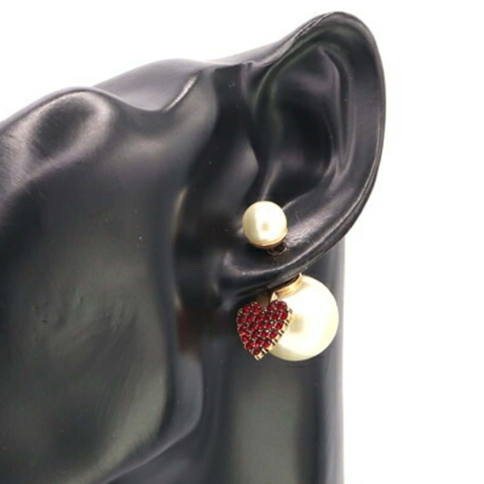 Christian Dior Dior Single Earring Tribal Heart White Red Metal Faux Pearl Rhinestone Women's Christian