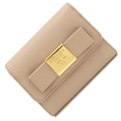 Prada Tri-fold Wallet 1MH840 Beige Leather Compact Ribbon Women's PRADA