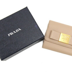 Prada Tri-fold Wallet 1MH840 Beige Leather Compact Ribbon Women's PRADA