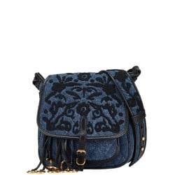 Prada Embroidered Denim Flower Shoulder Bag 1BH059 Indigo Blue Black Leather Women's PRADA