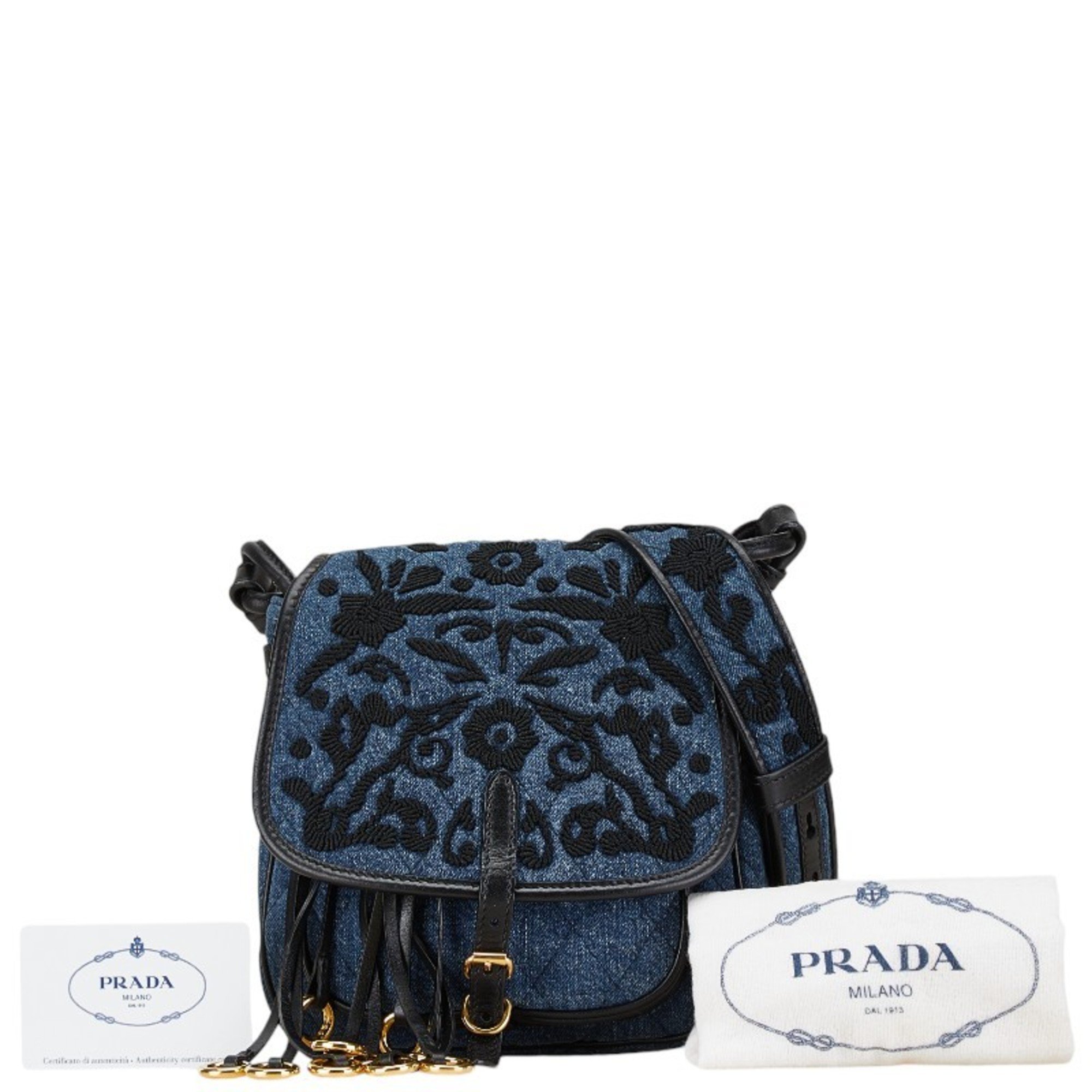 Prada Embroidered Denim Flower Shoulder Bag 1BH059 Indigo Blue Black Leather Women's PRADA