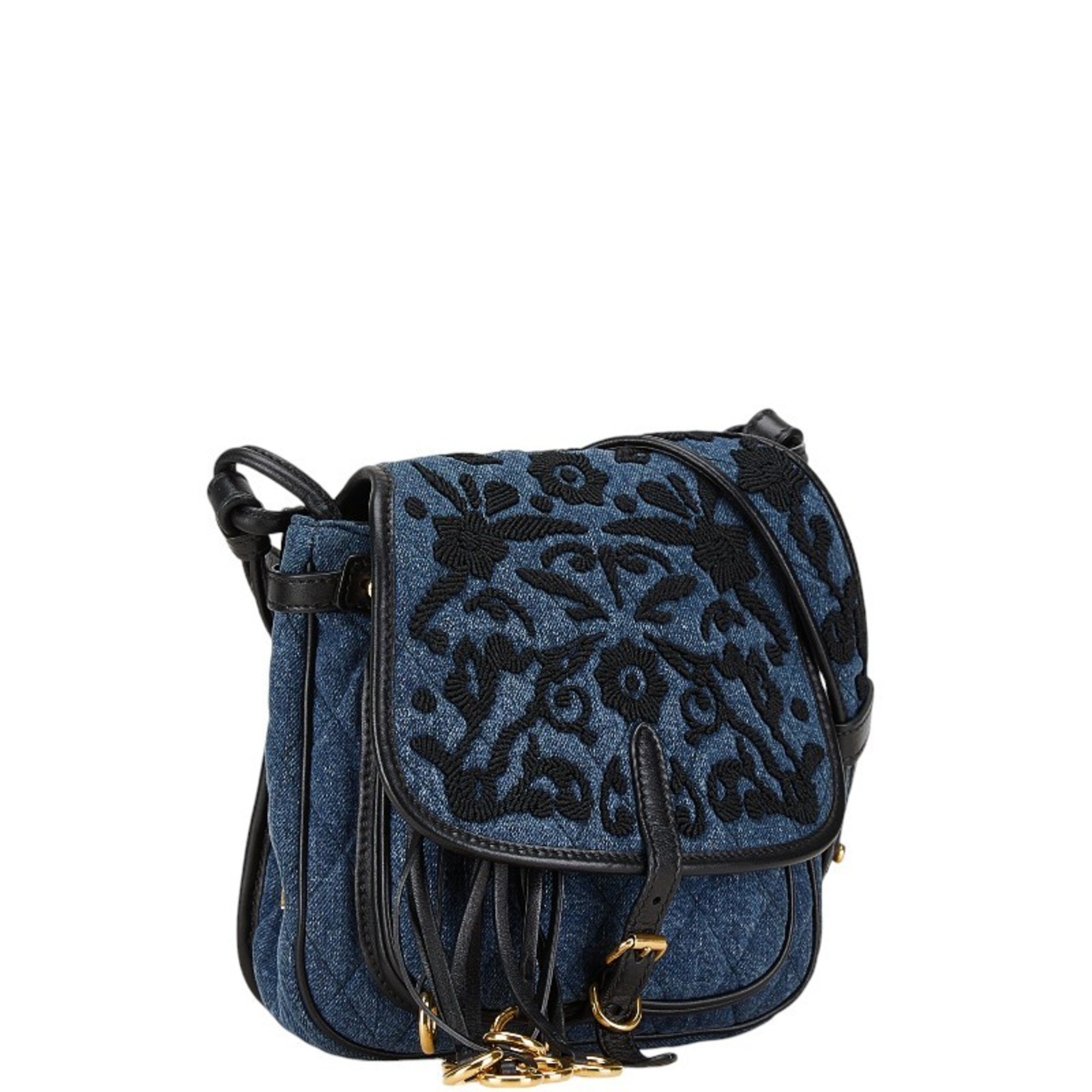 Prada Embroidered Denim Flower Shoulder Bag 1BH059 Indigo Blue Black Leather Women's PRADA