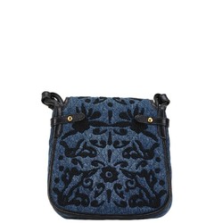 Prada Embroidered Denim Flower Shoulder Bag 1BH059 Indigo Blue Black Leather Women's PRADA