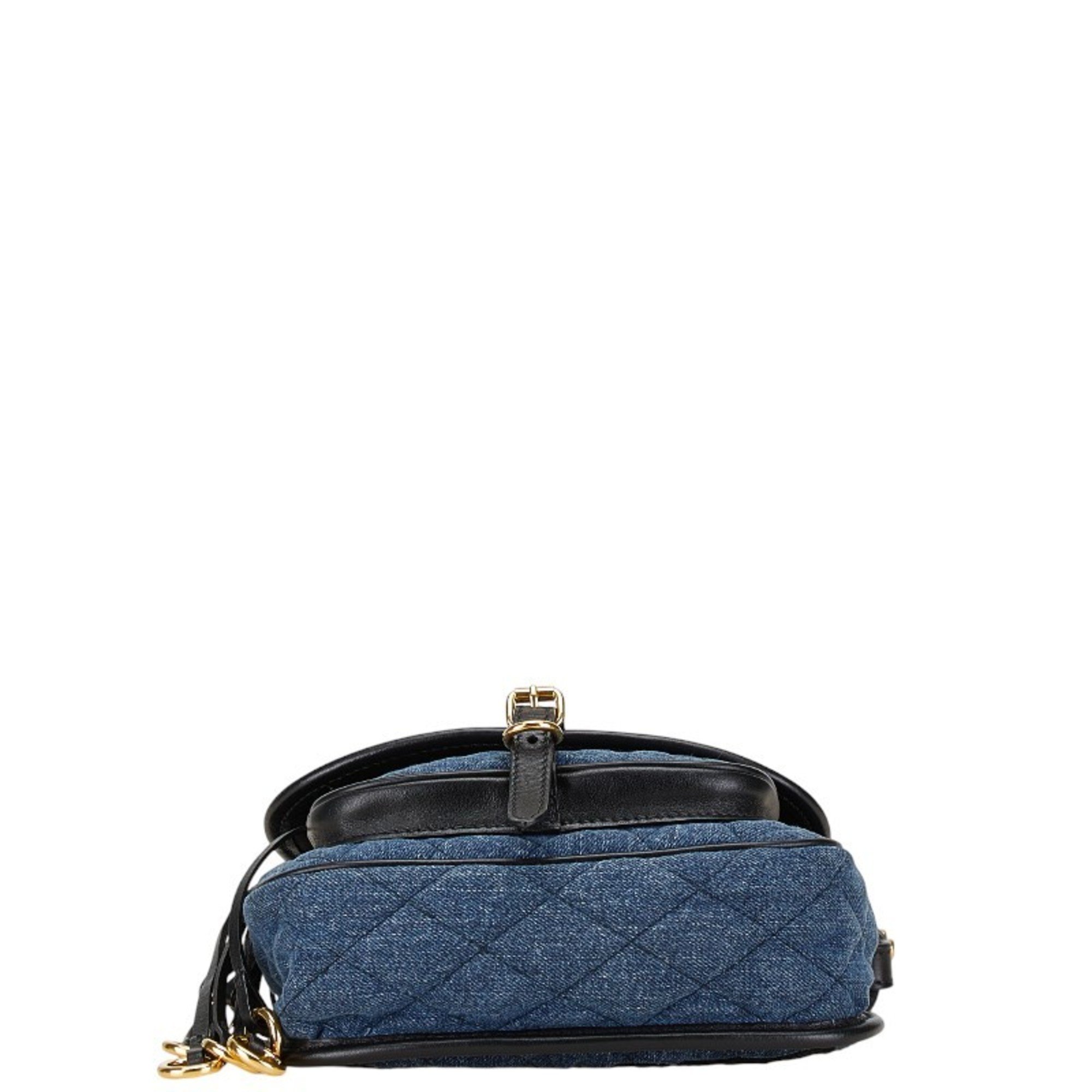 Prada Embroidered Denim Flower Shoulder Bag 1BH059 Indigo Blue Black Leather Women's PRADA