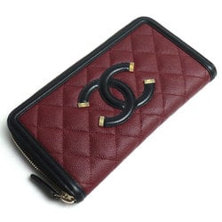 CHANEL Chanel CC Filigree Round Zip Wallet Caviar Skin Long Black Wine Red A84449 Women's