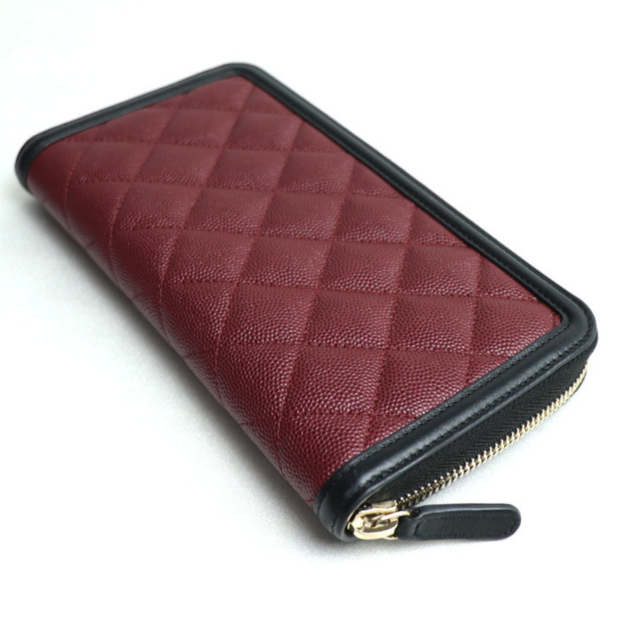 CHANEL Chanel CC Filigree Round Zip Wallet Caviar Skin Long Black Wine Red A84449 Women's