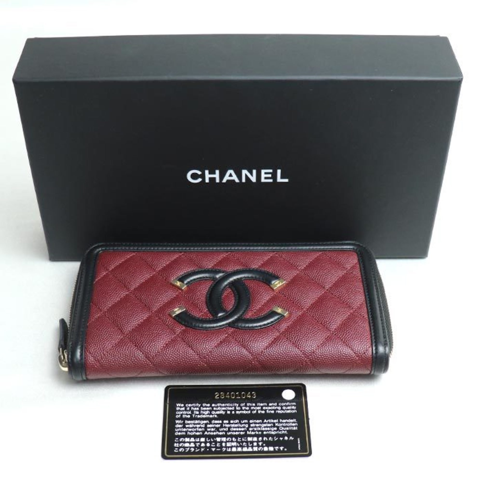 CHANEL Chanel CC Filigree Round Zip Wallet Caviar Skin Long Black Wine Red A84449 Women's