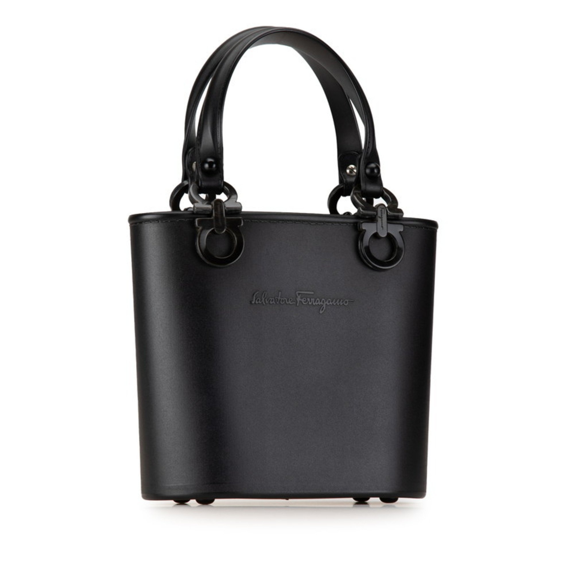 Salvatore Ferragamo Gancini Bucket Handbag Black Rubber Leather Women's