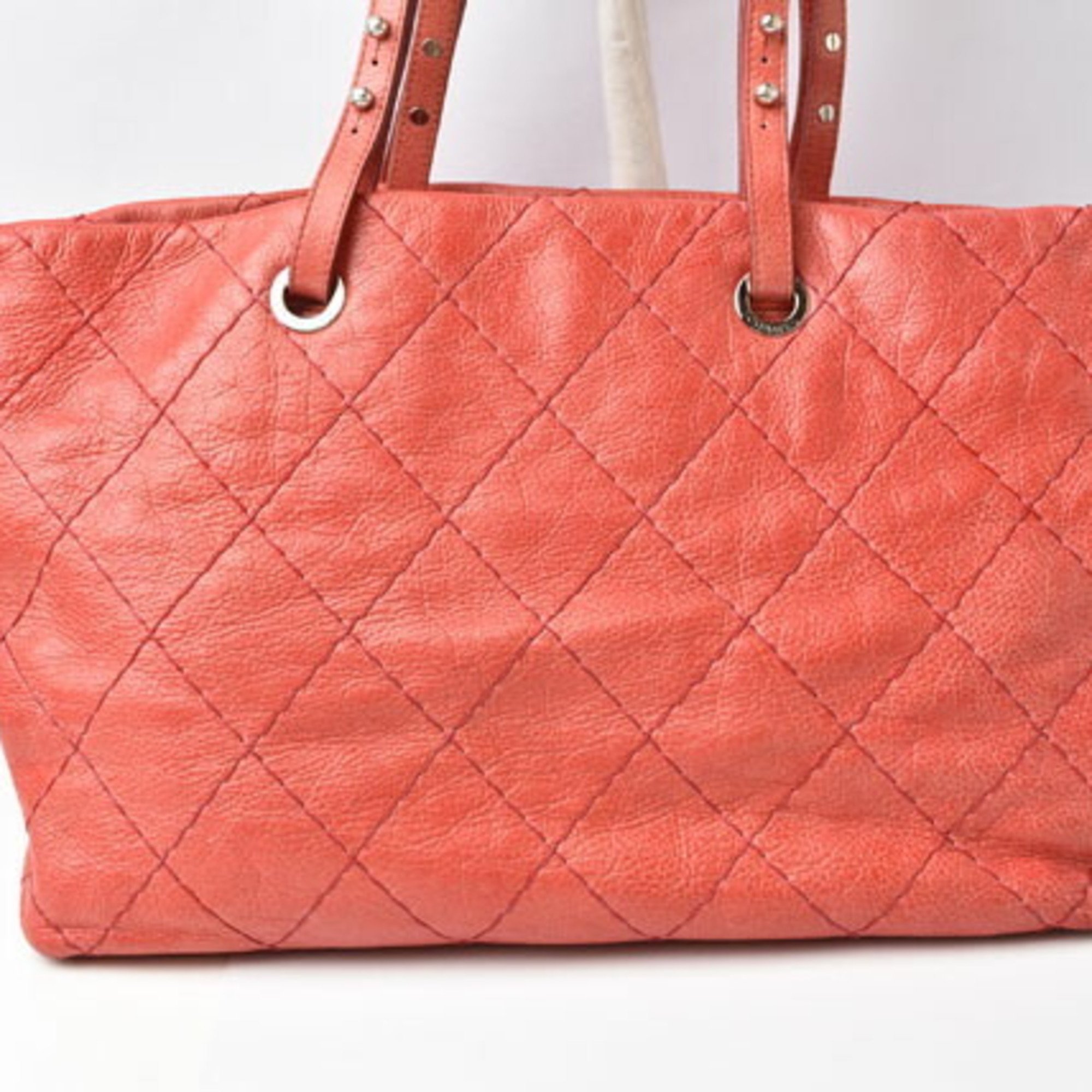 CHANEL Shoulder Bag Tote Quilted Leather Dark Pink Silver