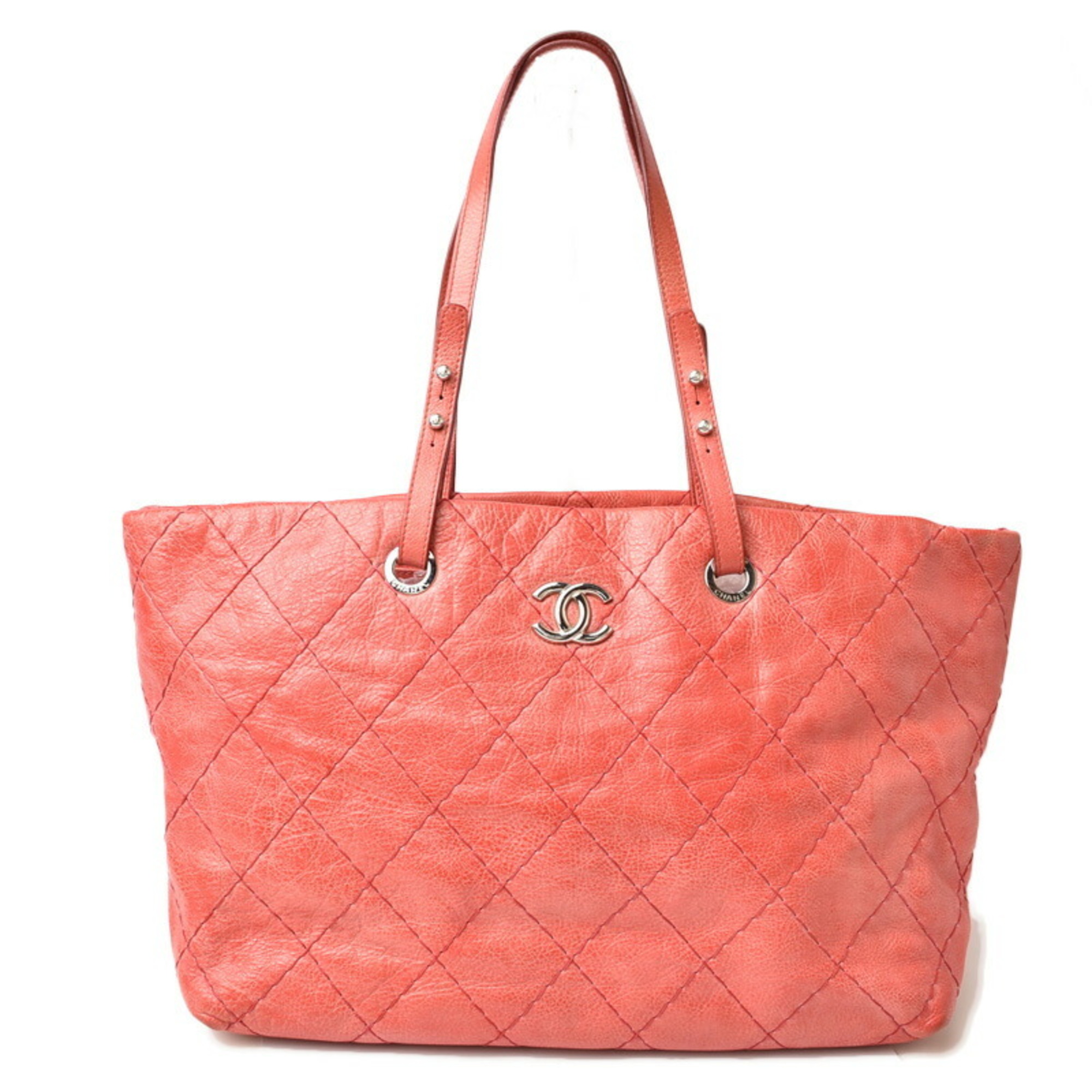 CHANEL Shoulder Bag Tote Quilted Leather Dark Pink Silver