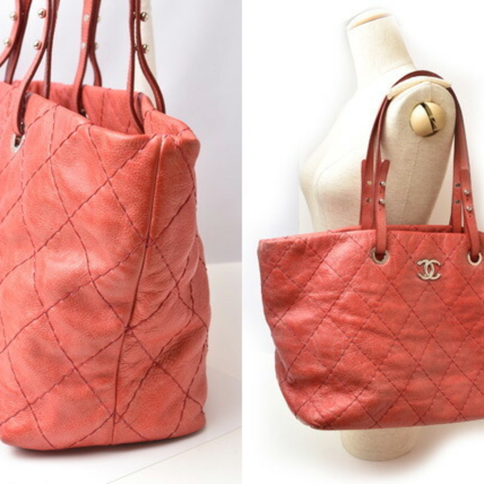 CHANEL Shoulder Bag Tote Quilted Leather Dark Pink Silver