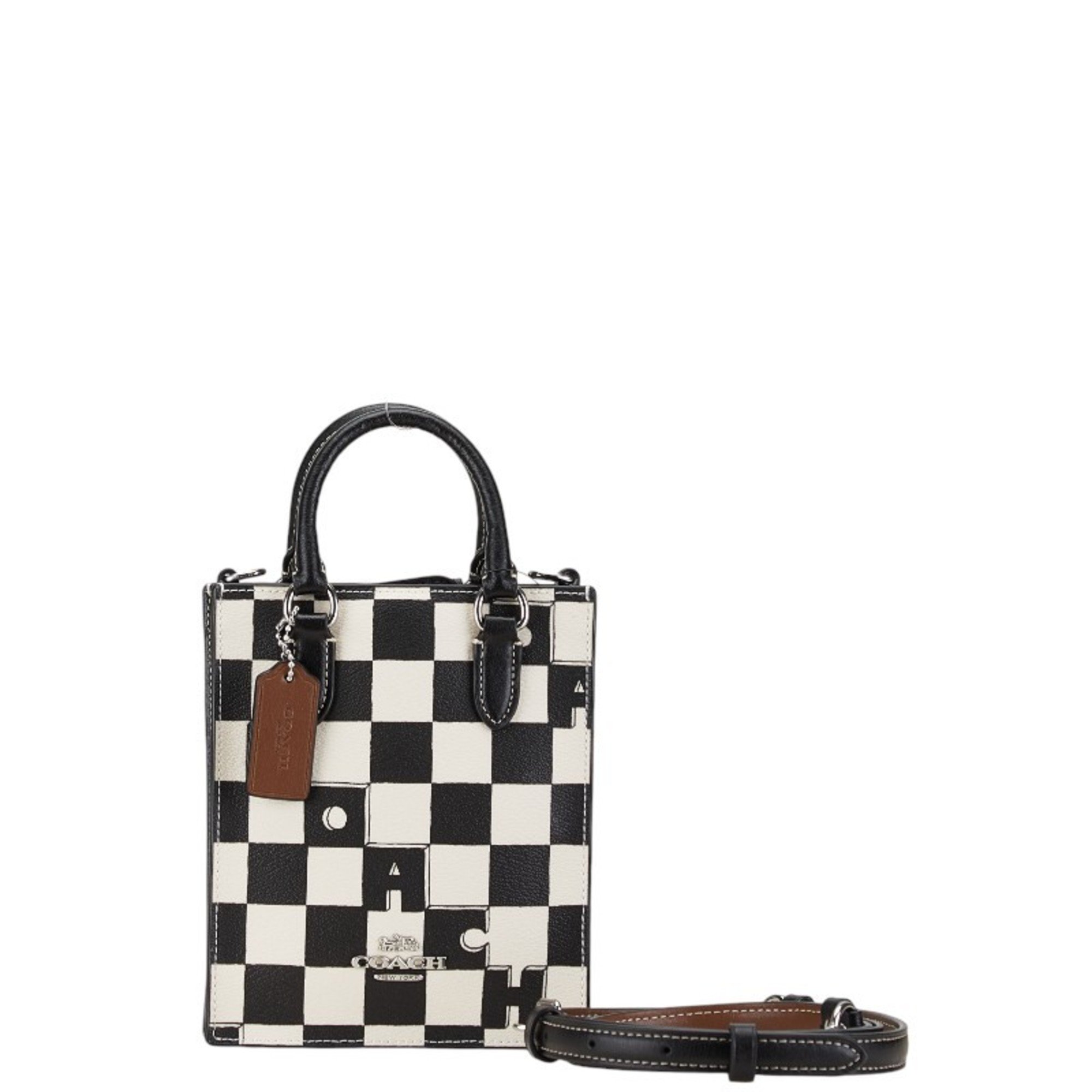 Coach Checkerboard Print Tote Crossbody Handbag Shoulder Bag CR180 SVA16 Black Chalk Leather Women's COACH