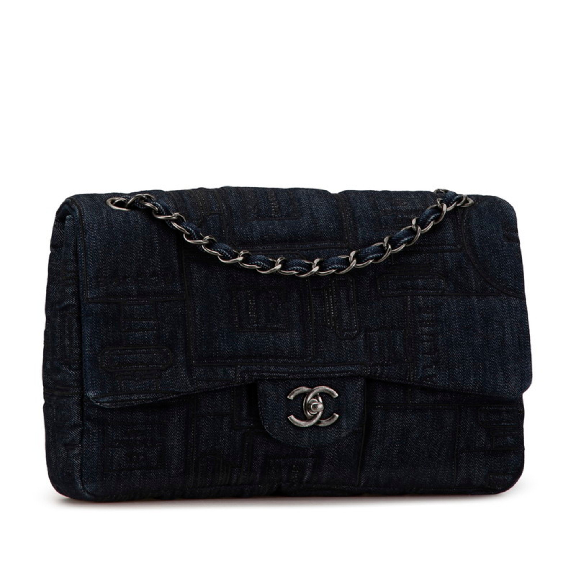 Chanel Perfume Embroidery Chain Shoulder Bag A91101 Indigo Blue Denim Women's CHANEL