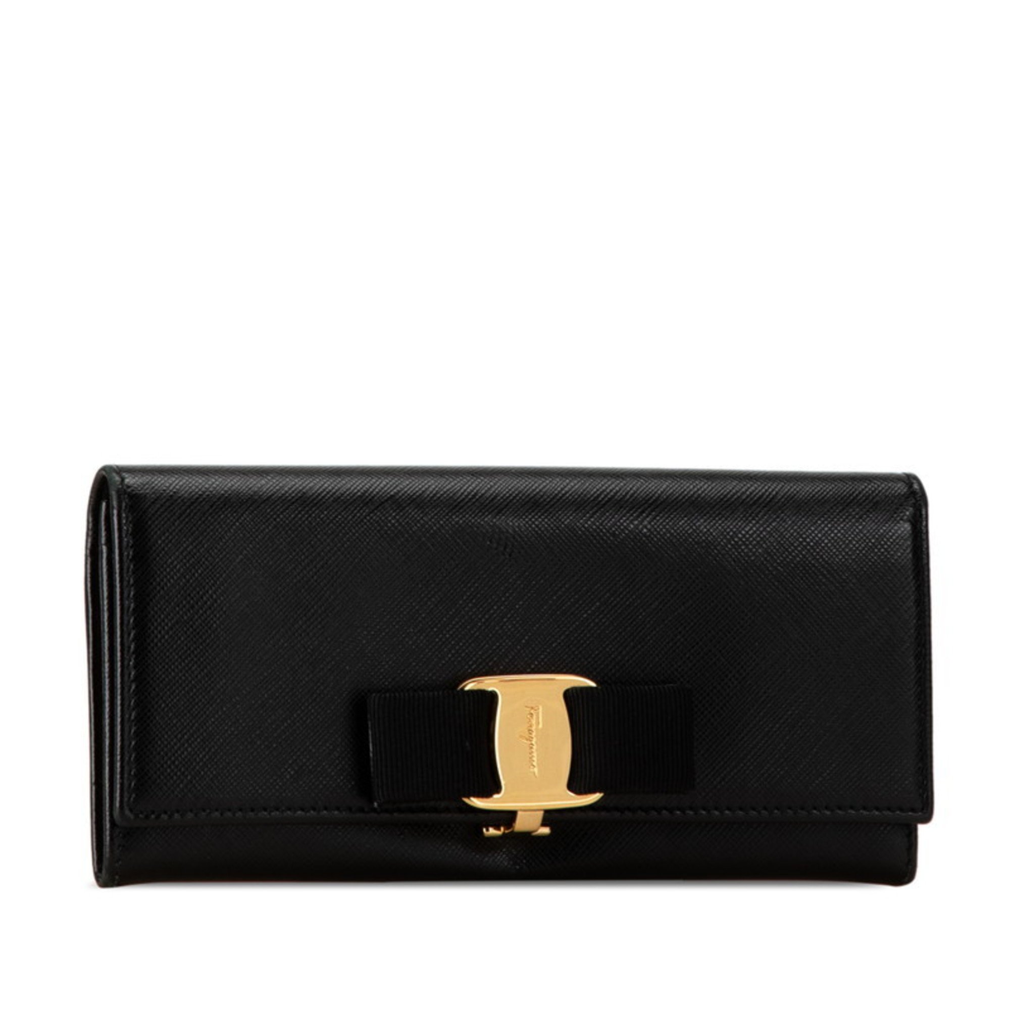 Salvatore Ferragamo Vara Long Wallet Black Leather Women's