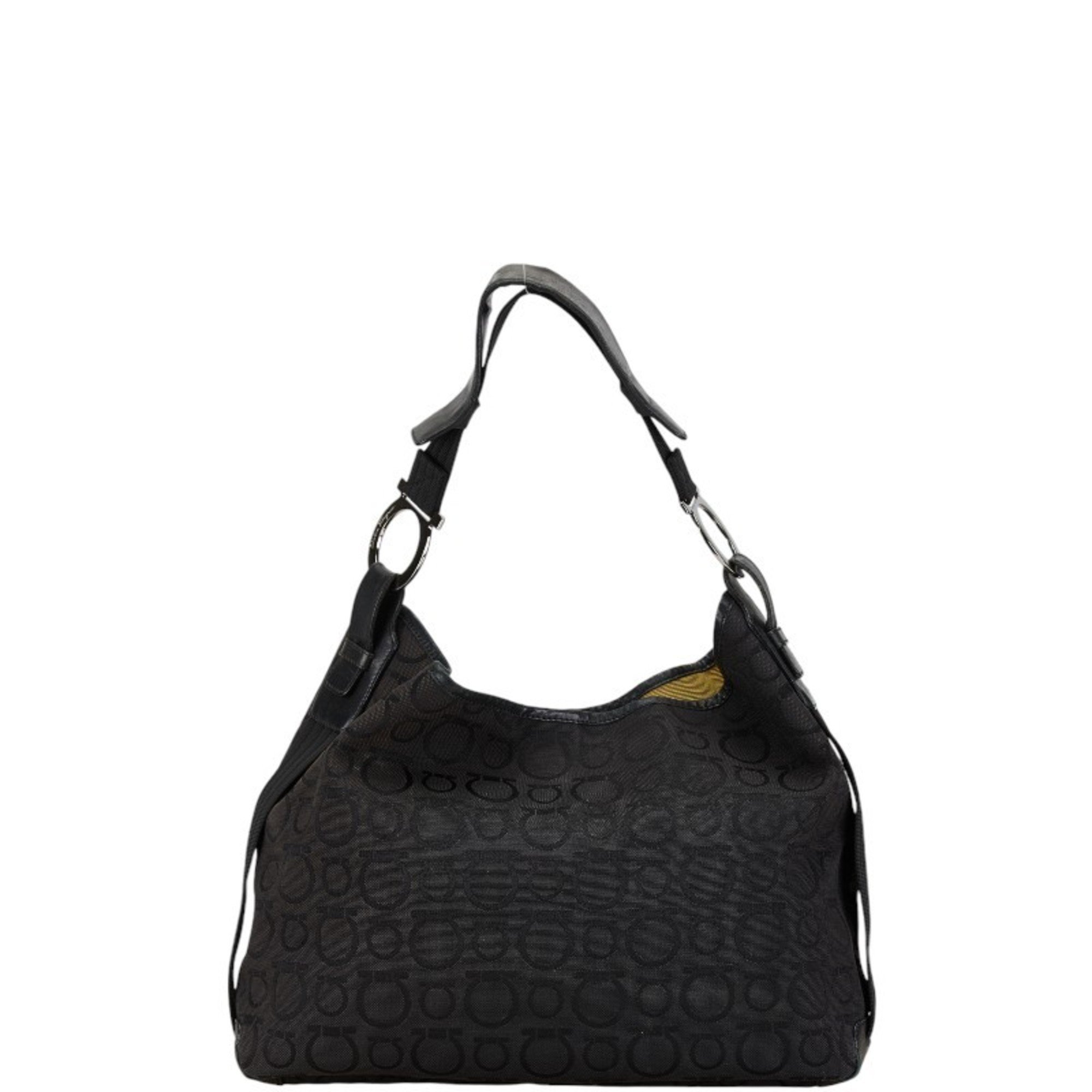 Salvatore Ferragamo Gancini Bag 5762 Black Canvas Leather Women's