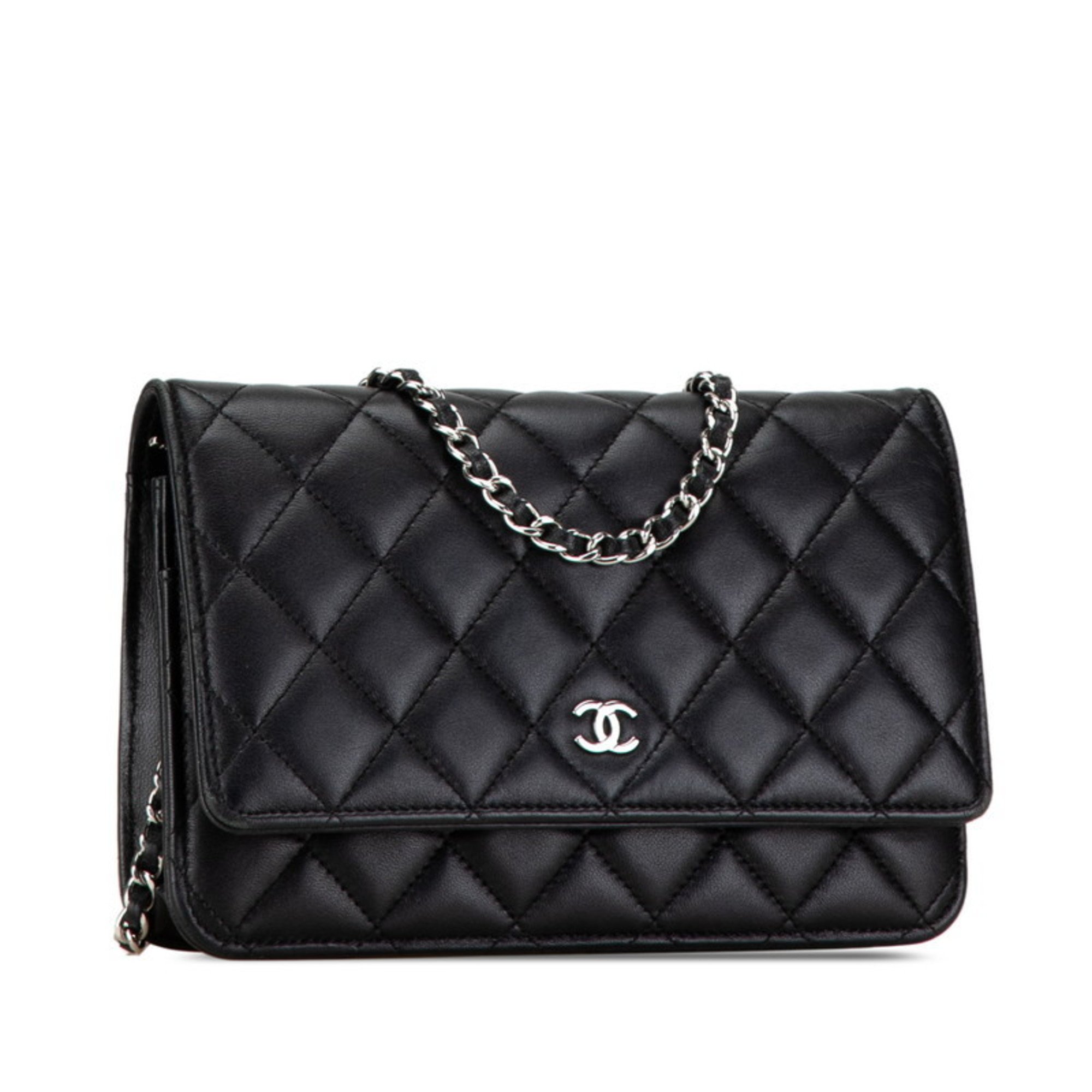 Chanel Matelasse Chain Wallet Shoulder Bag Black Lambskin Women's CHANEL