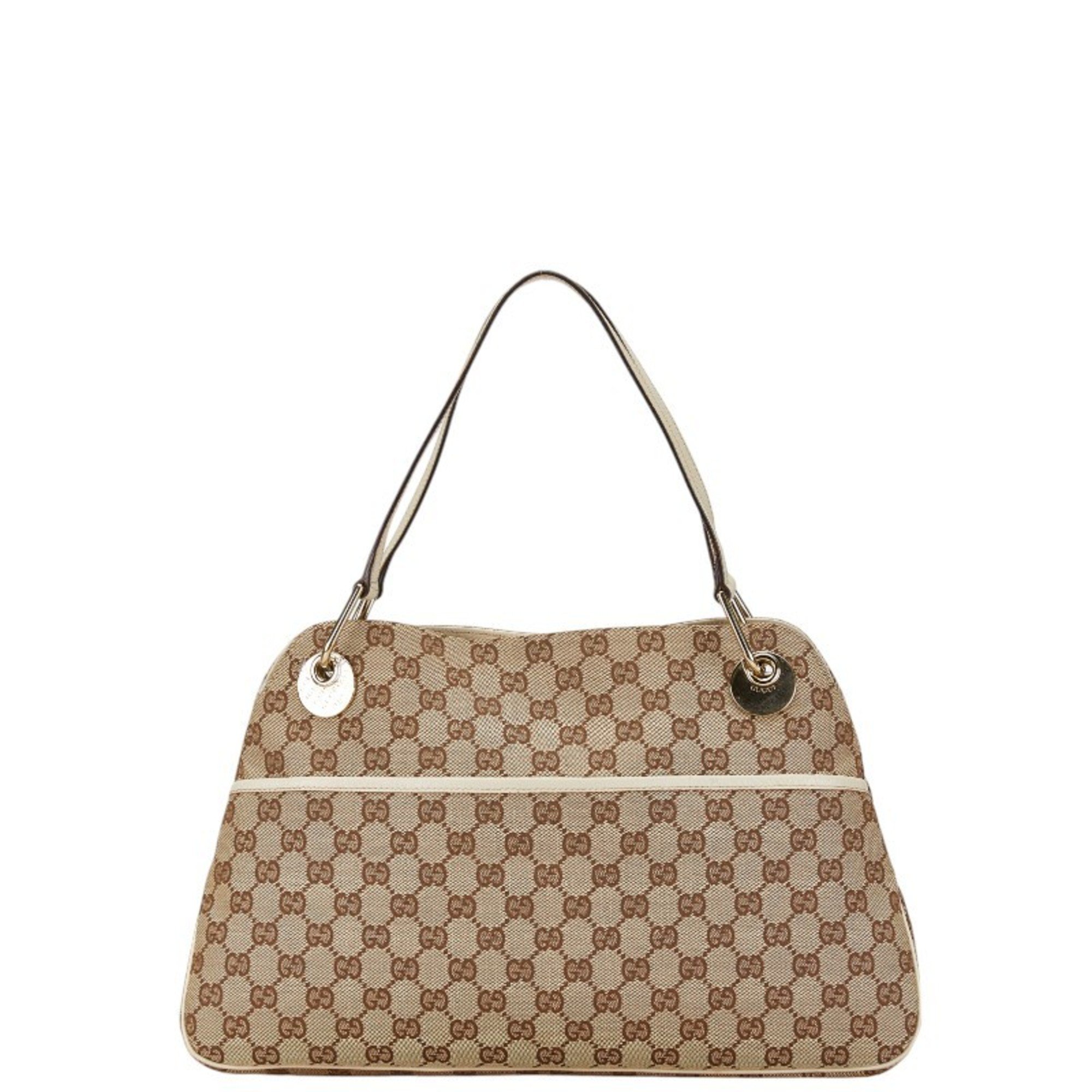 Gucci GG Canvas Tote Bag Handbag 121023 Beige Ivory Leather Women's GUCCI