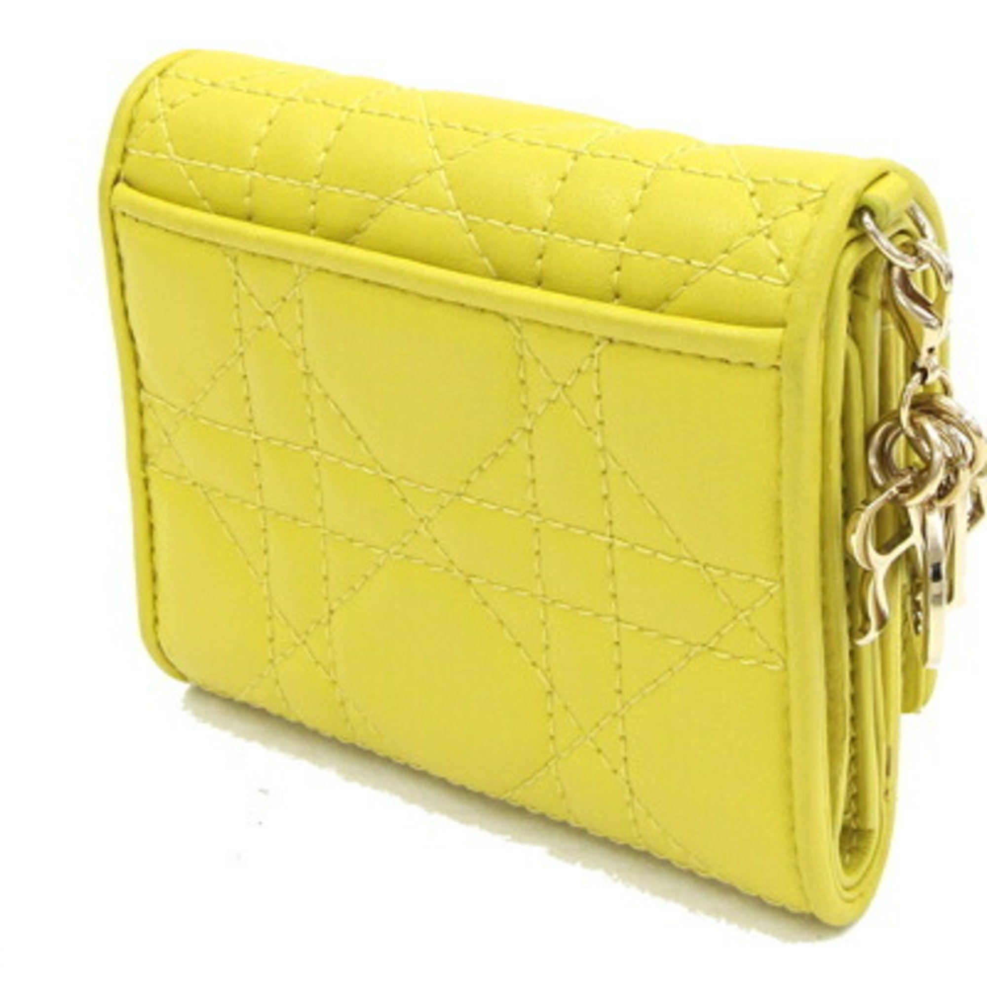 Christian Dior Dior Tri-fold Wallet Lady Lotus S0181ONMJ Yellow Leather Compact Small Cannage Women's